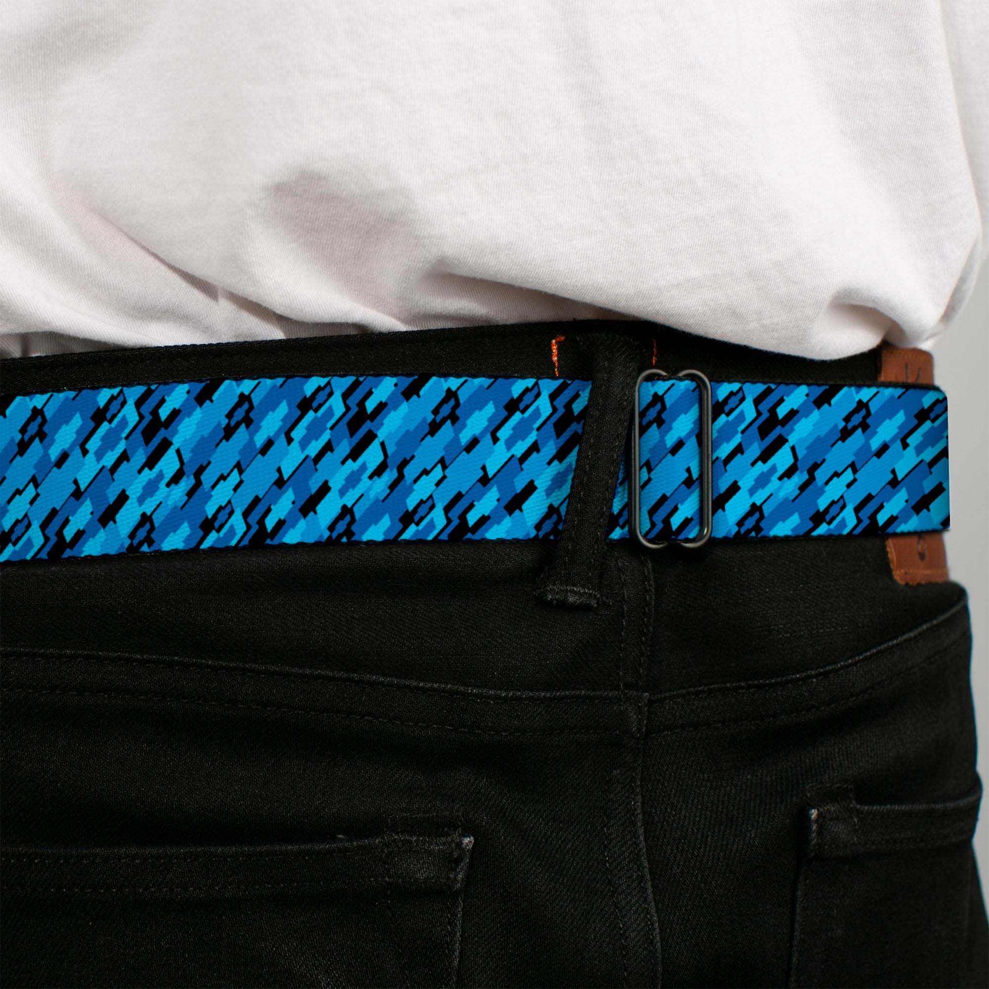 Chevy Seatbelt Belt - Diagonal Retro Chevy Bowtie Stacked Black/Blues Webbing Seatbelt Belts GM General Motors