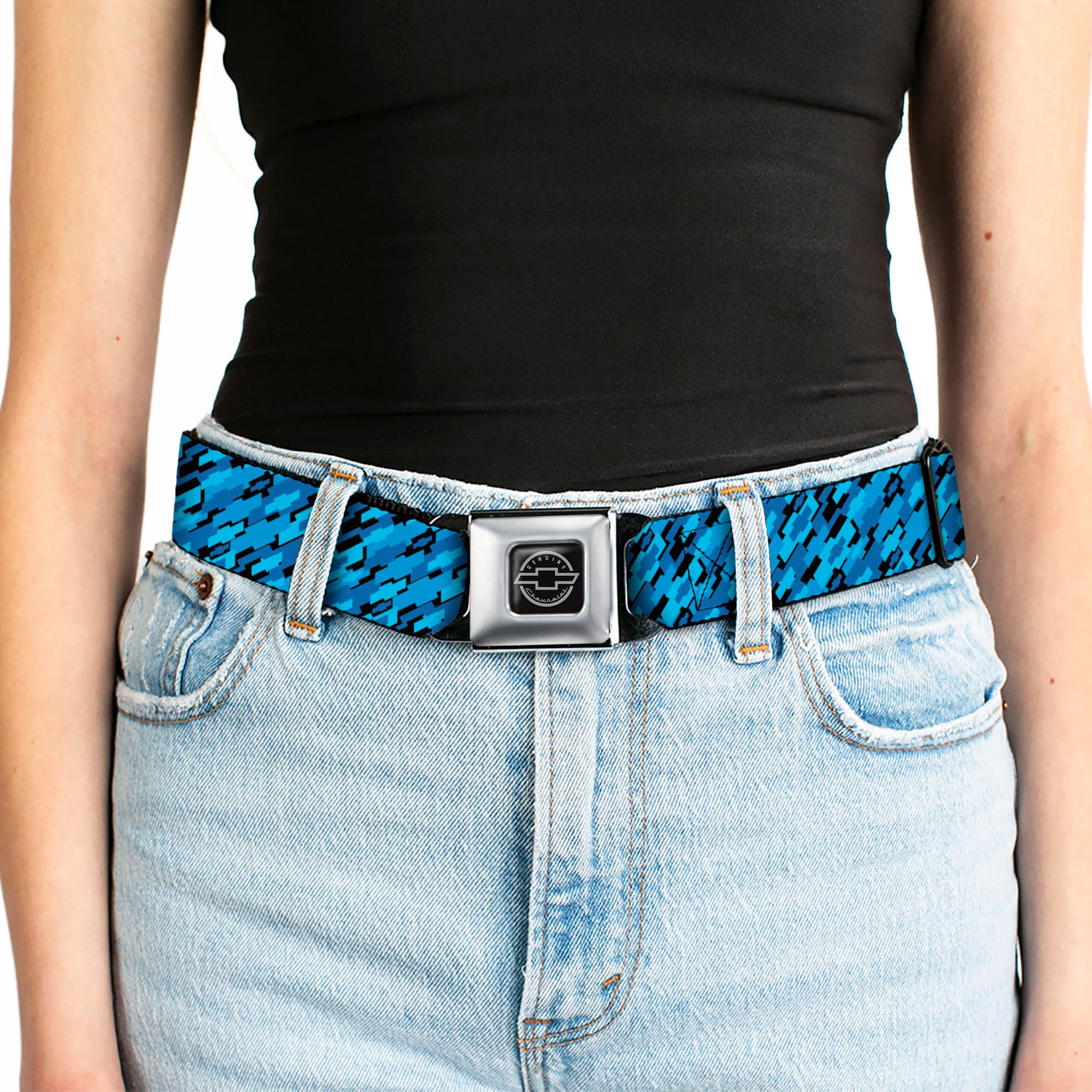 Chevy Seatbelt Belt - Diagonal Retro Chevy Bowtie Stacked Black/Blues Webbing Seatbelt Belts GM General Motors
