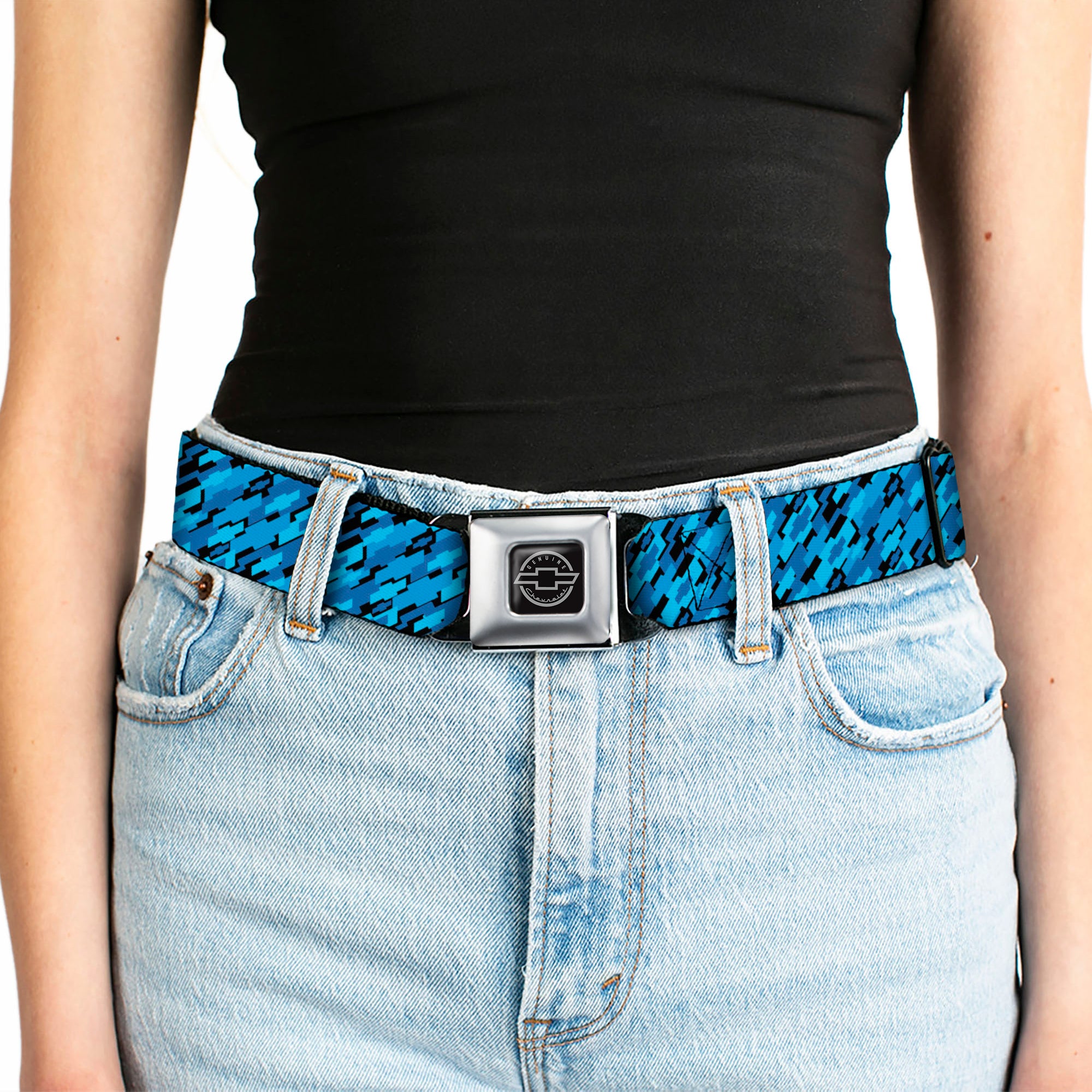 Chevy Seatbelt Belt - Diagonal Retro Chevy Bowtie Stacked Black/Blues Webbing Seatbelt Belts GM General Motors