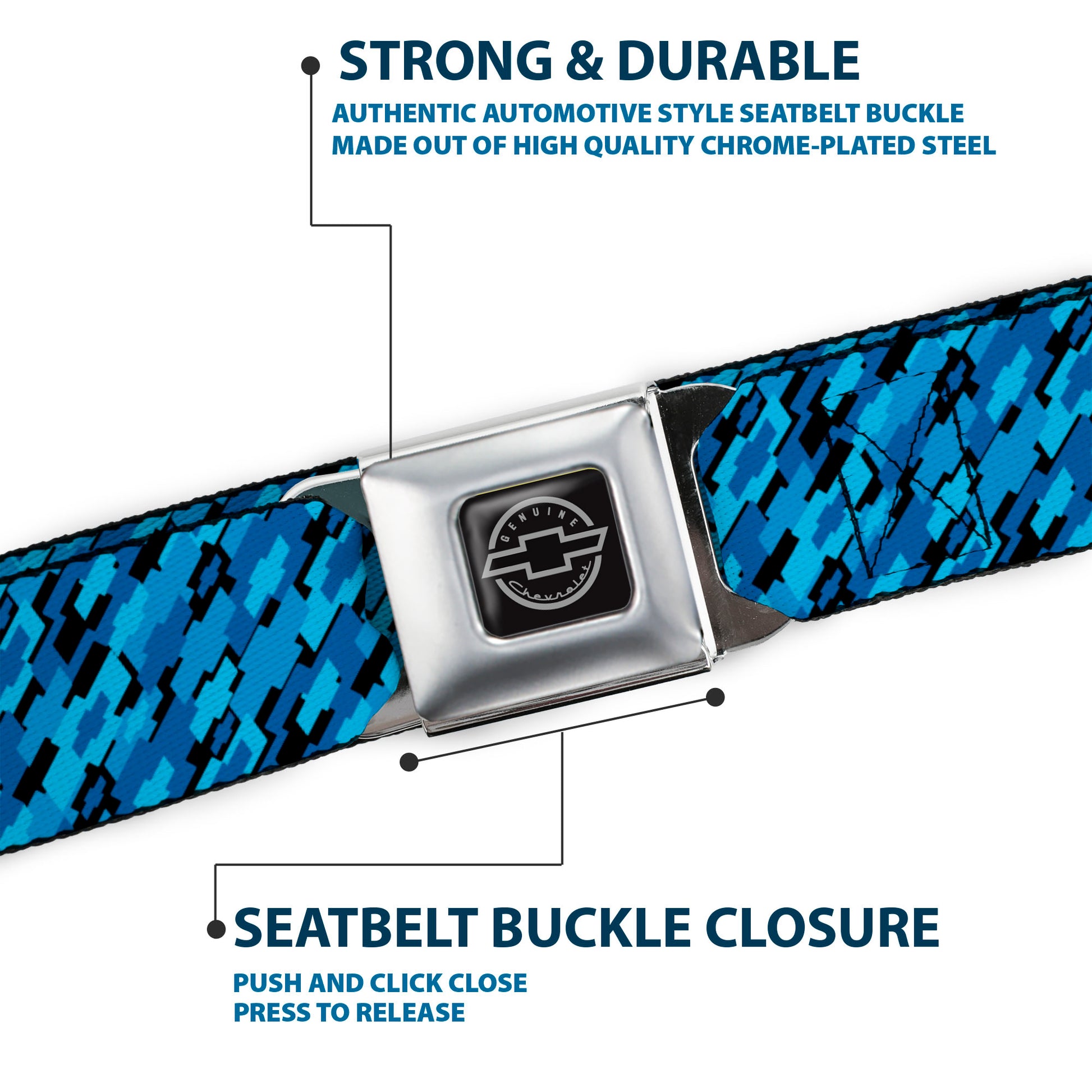 Chevy Seatbelt Belt - Diagonal Retro Chevy Bowtie Stacked Black/Blues Webbing Seatbelt Belts GM General Motors