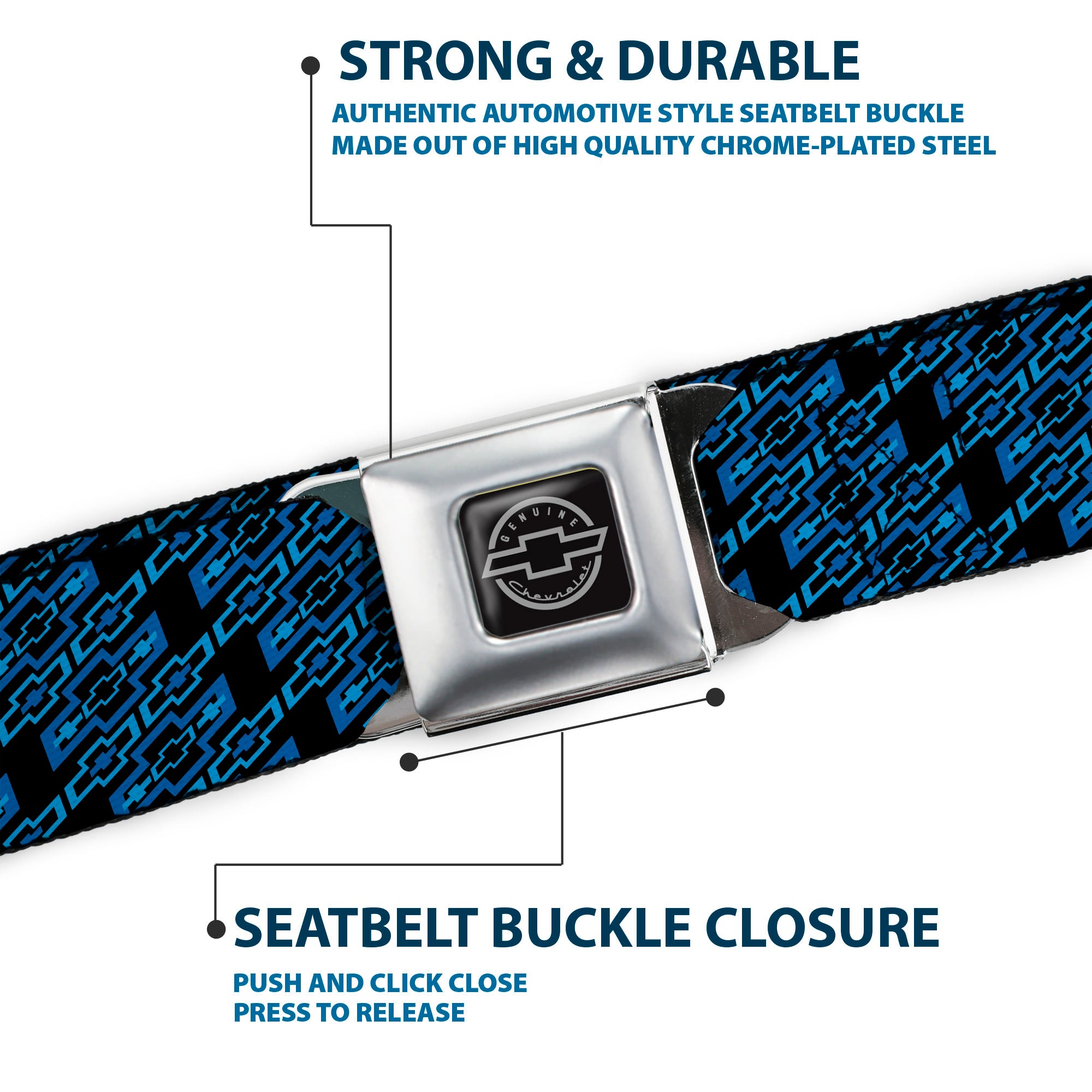 Chevy Seatbelt Belt - Diagonal Retro Chevy Bowtie Monogram Black/Blues Webbing Seatbelt Belts GM General Motors