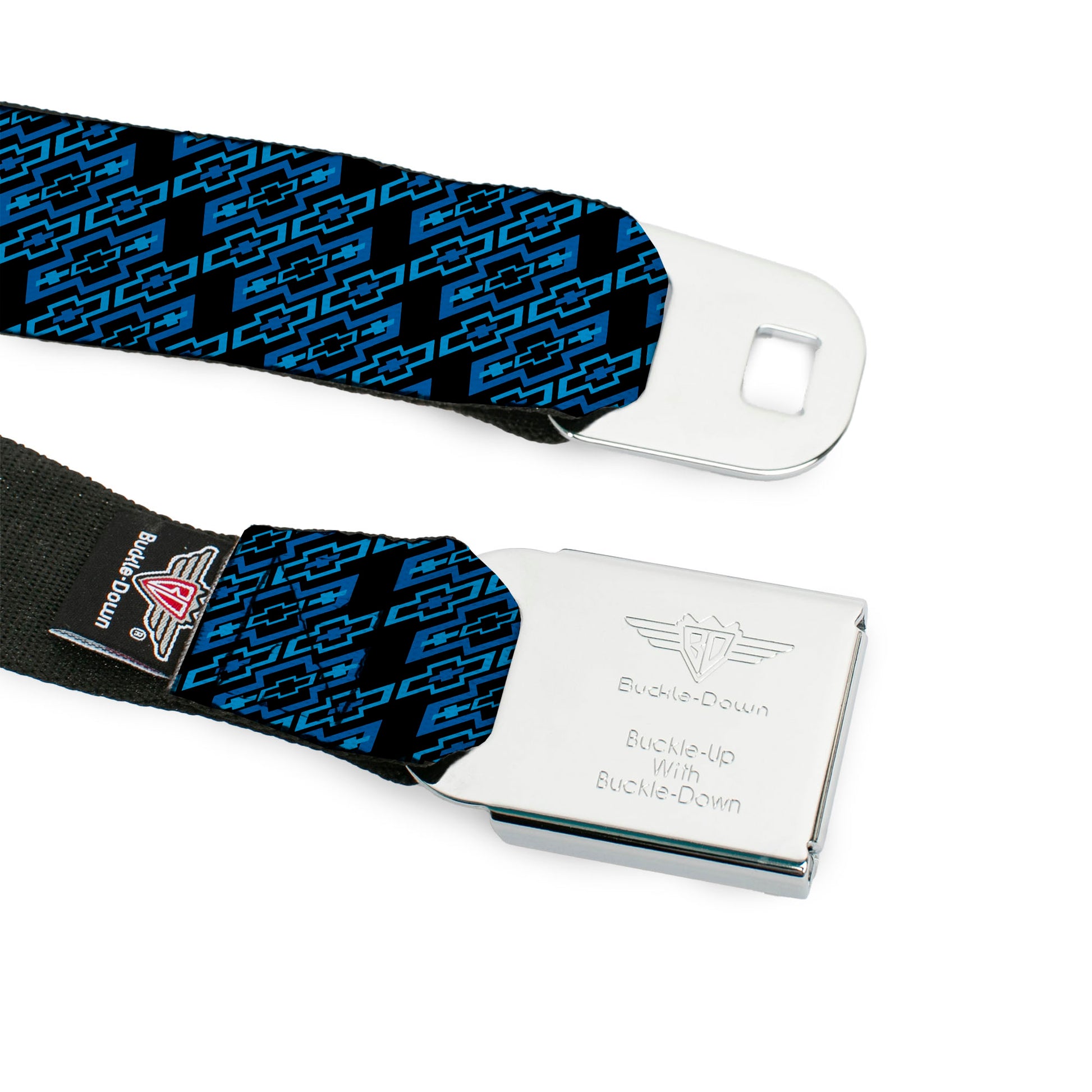 Chevy Seatbelt Belt - Diagonal Retro Chevy Bowtie Monogram Black/Blues Webbing Seatbelt Belts GM General Motors