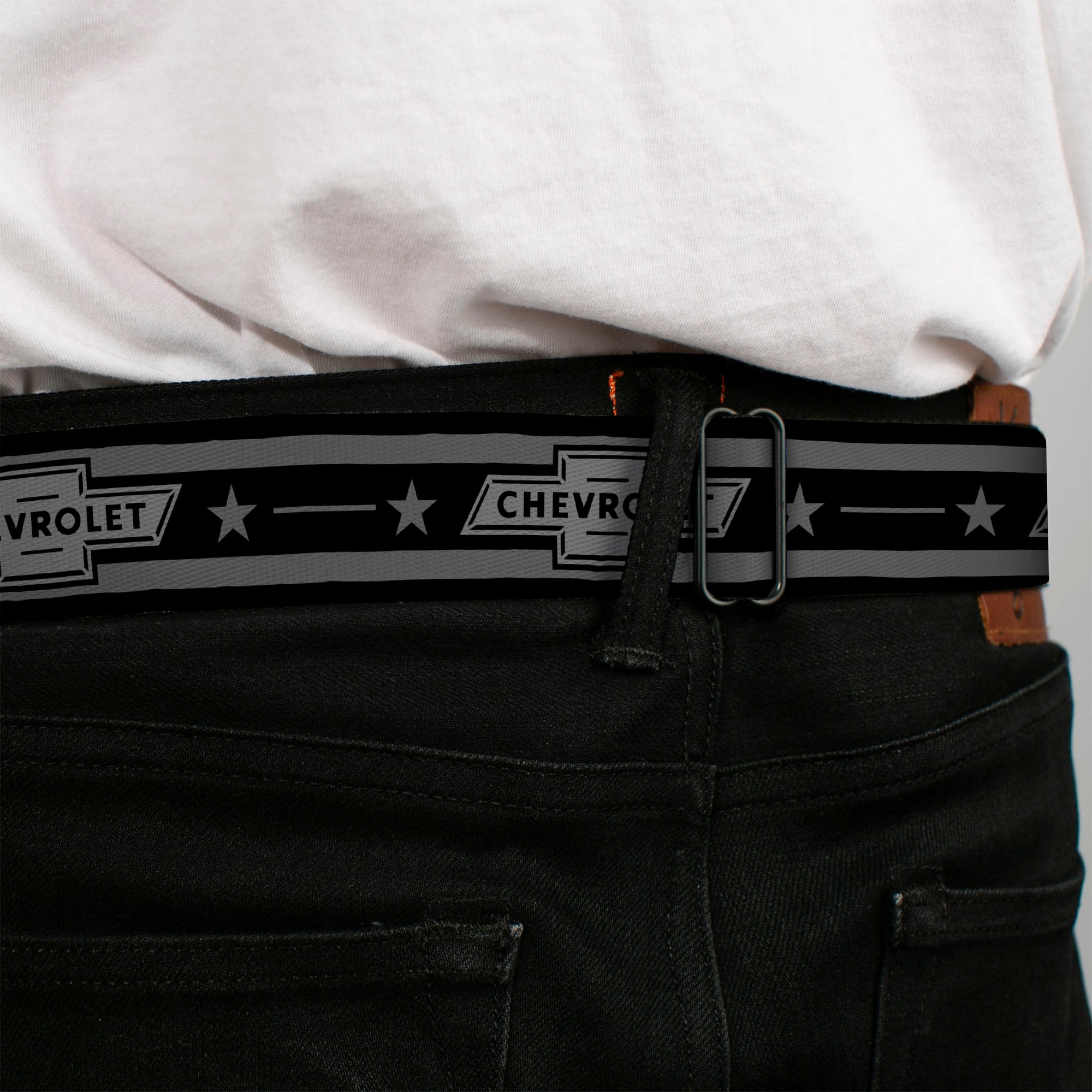 Chevy Seatbelt Belt - Vintage CHEVROLET Bowtie/Stars Stripe Black/Grays (1934 logo) Webbing Seatbelt Belts GM General Motors
