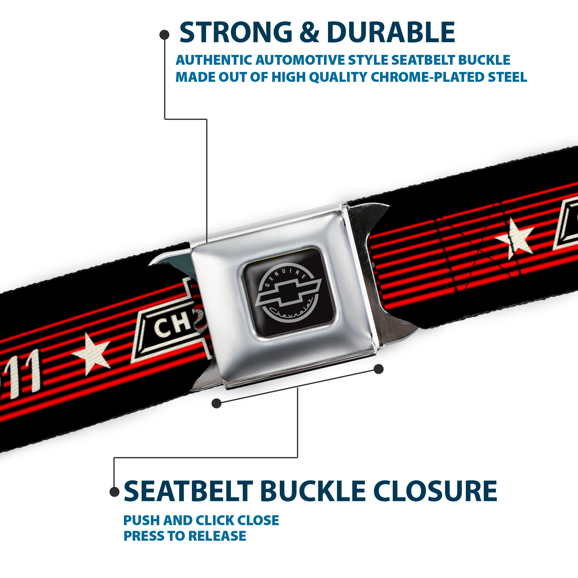 Chevy Seatbelt Belt - Vintage CHEVROLET Bowtie SINCE 1911/Stars Stripe Black/Red/Ivory (1934 logo) Webbing Seatbelt Belts GM General Motors