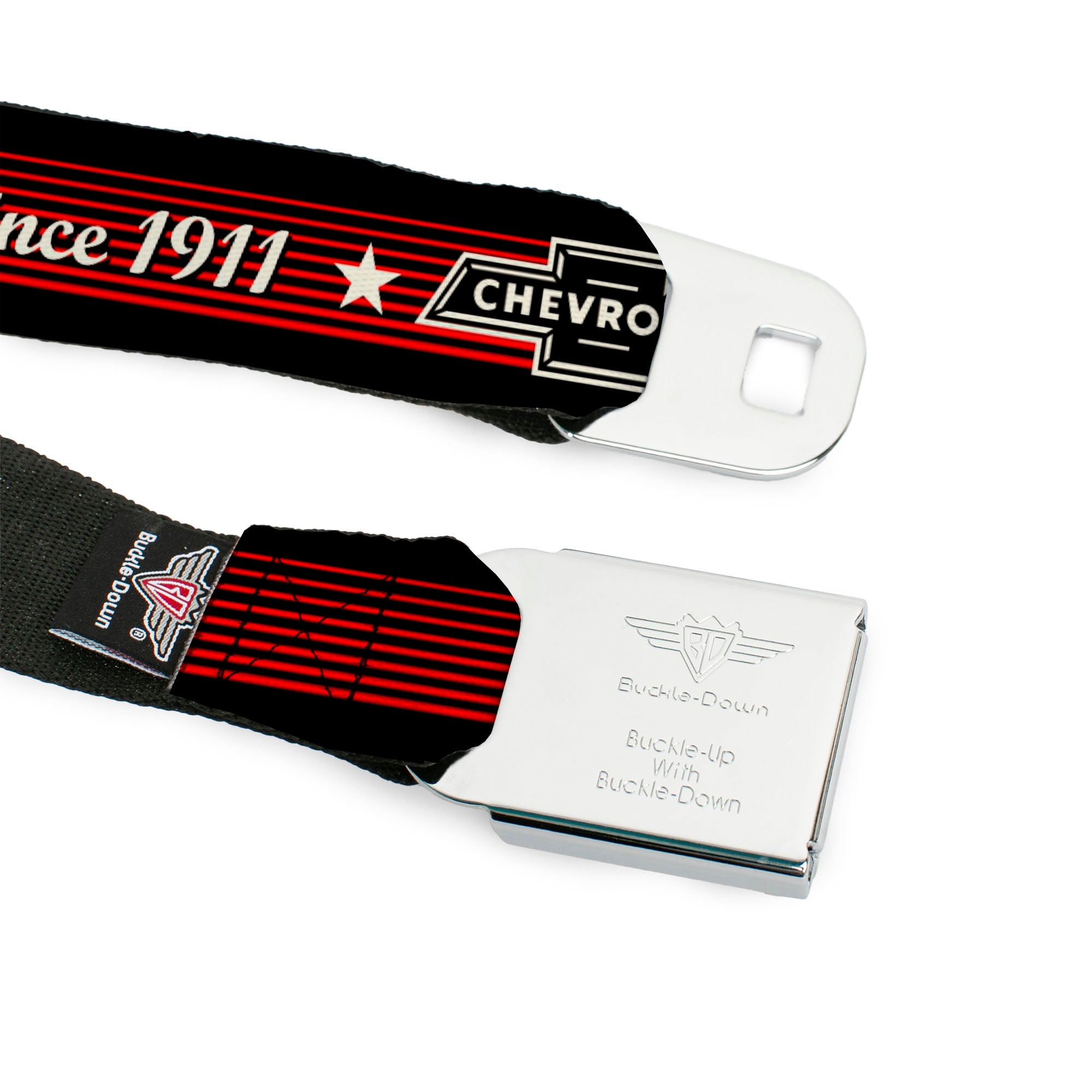 Chevy Seatbelt Belt - Vintage CHEVROLET Bowtie SINCE 1911/Stars Stripe Black/Red/Ivory (1934 logo) Webbing Seatbelt Belts GM General Motors