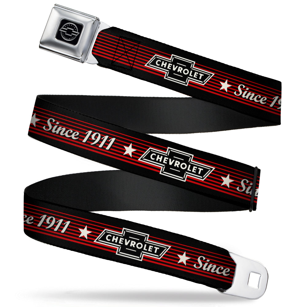 Chevy Seatbelt Belt - Vintage CHEVROLET Bowtie SINCE 1911/Stars Stripe Black/Red/Ivory (1934 logo) Webbing Seatbelt Belts GM General Motors