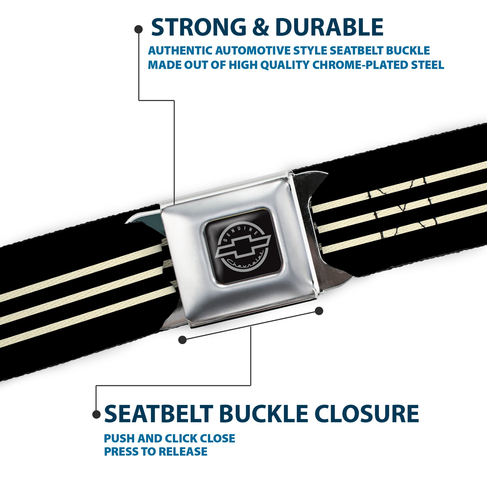 Chevy Seatbelt Belt - Vintage CHEVROLET Bowtie 3-Stripe Black/Ivory (1934 logo) Webbing Seatbelt Belts GM General Motors