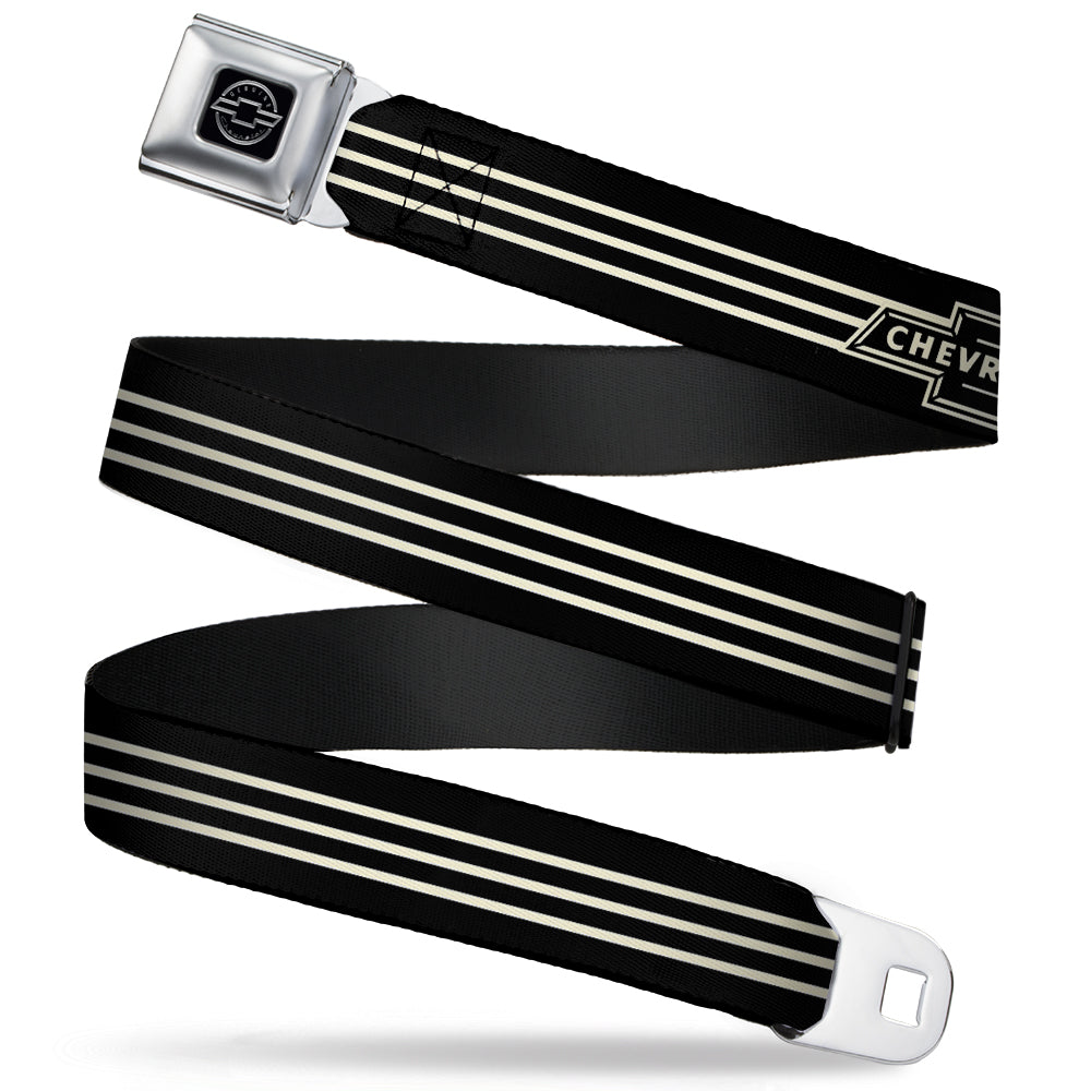 Chevy Seatbelt Belt - Vintage CHEVROLET Bowtie 3-Stripe Black/Ivory (1934 logo) Webbing Seatbelt Belts GM General Motors