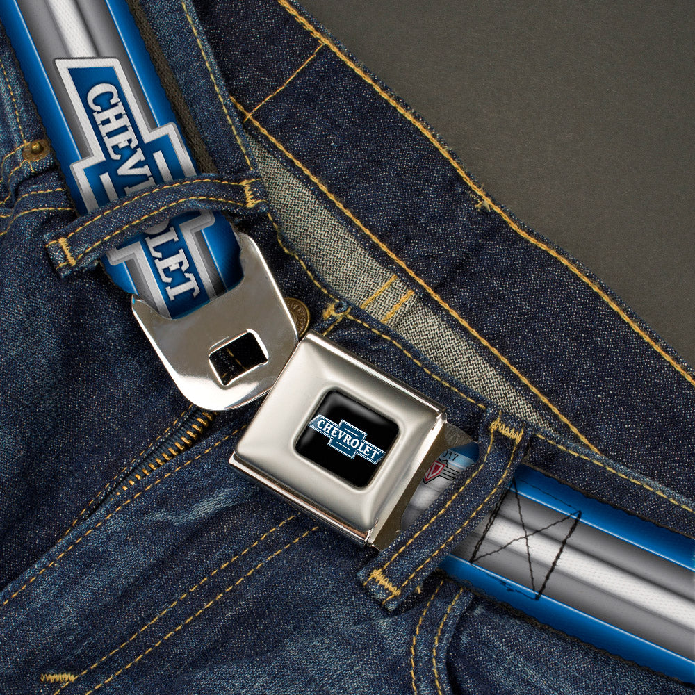 1929 Chevrolet Bowtie Logo Full Color Black Silver Blue Seatbelt Belt - 1929 Chevrolet Bowtie Logo/Stripe Blue/Silver/Blue Webbing Seatbelt Belts GM General Motors