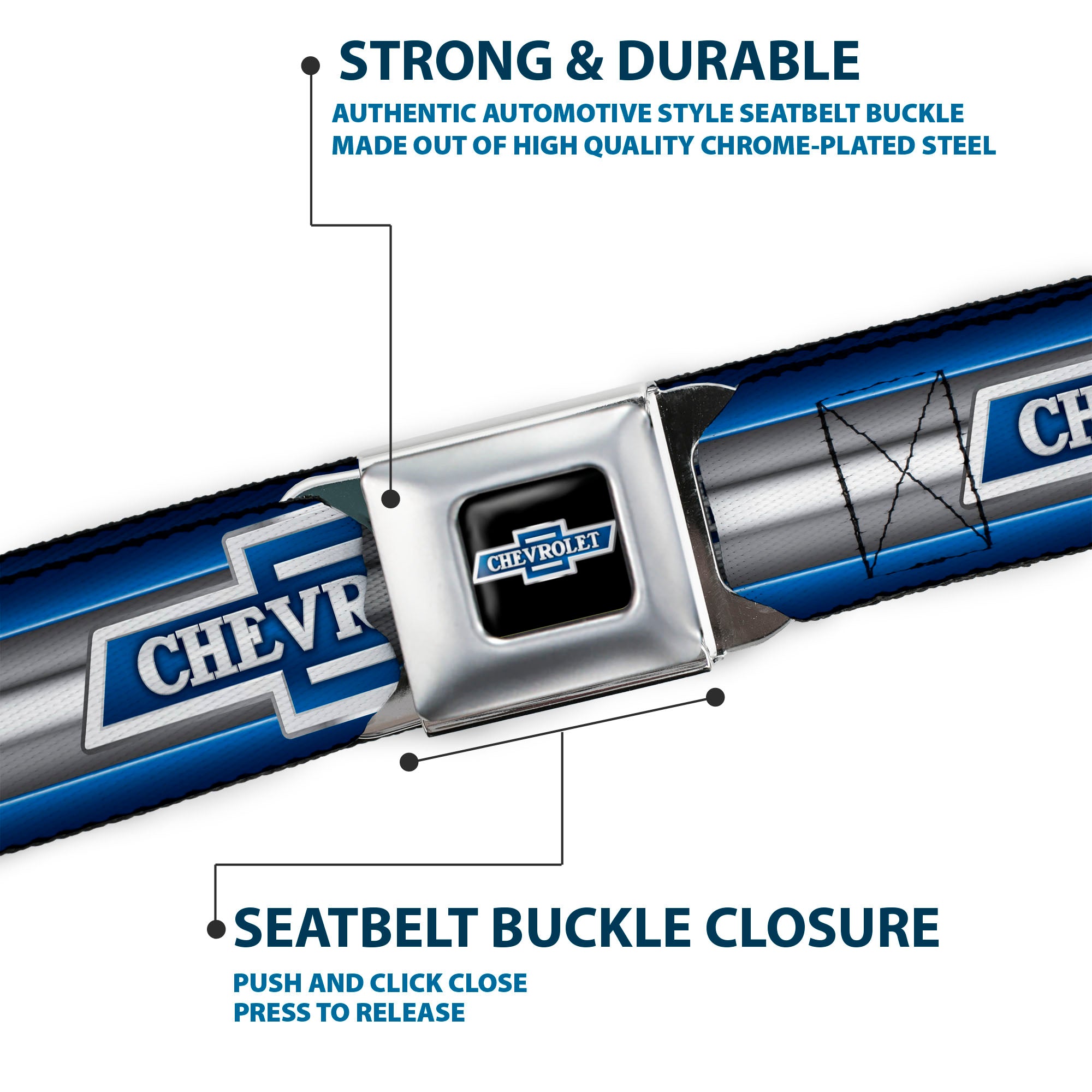 1929 Chevrolet Bowtie Logo Full Color Black Silver Blue Seatbelt Belt - 1929 Chevrolet Bowtie Logo/Stripe Blue/Silver/Blue Webbing Seatbelt Belts GM General Motors