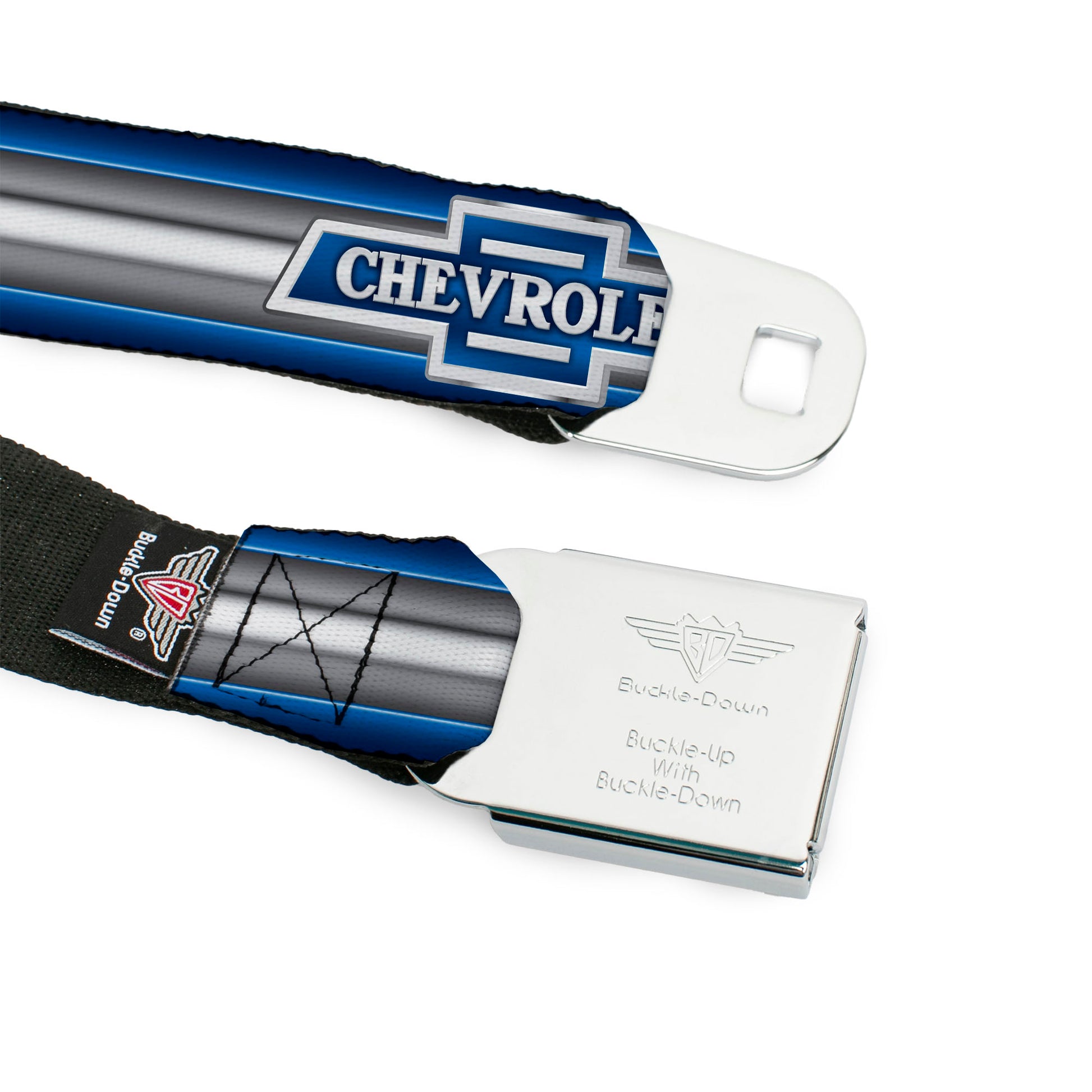 1929 Chevrolet Bowtie Logo Full Color Black Silver Blue Seatbelt Belt - 1929 Chevrolet Bowtie Logo/Stripe Blue/Silver/Blue Webbing Seatbelt Belts GM General Motors