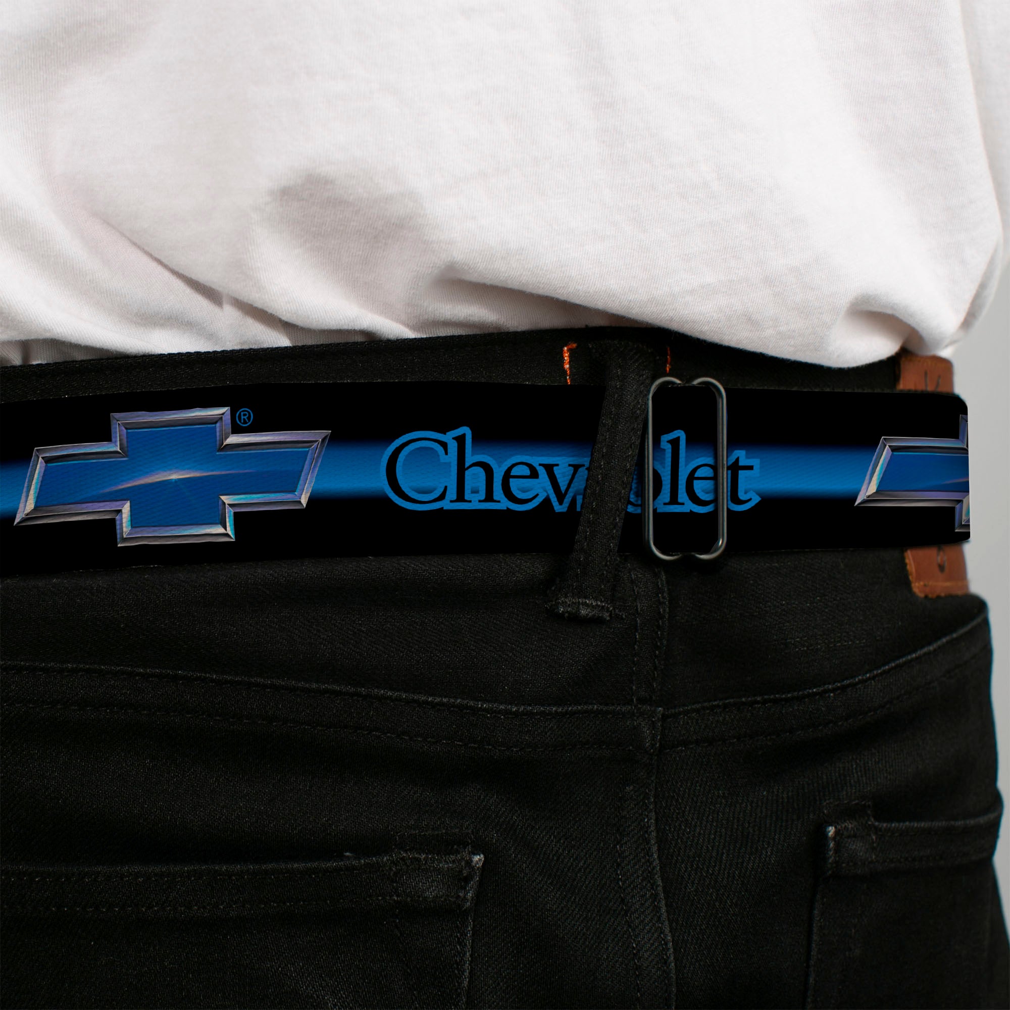 Chevrolet Horizon Bowtie Full Color Black Silver Blue Seatbelt Belt - CHEVROLET/Horizon Bowtie Ombre Black/Blue/Silver/Blue Webbing Seatbelt Belts GM General Motors