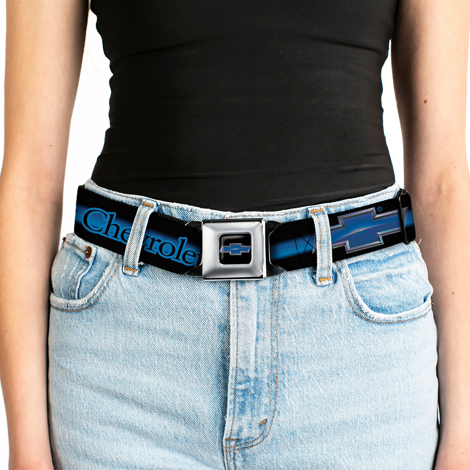 Chevrolet Horizon Bowtie Full Color Black Silver Blue Seatbelt Belt - CHEVROLET/Horizon Bowtie Ombre Black/Blue/Silver/Blue Webbing Seatbelt Belts GM General Motors