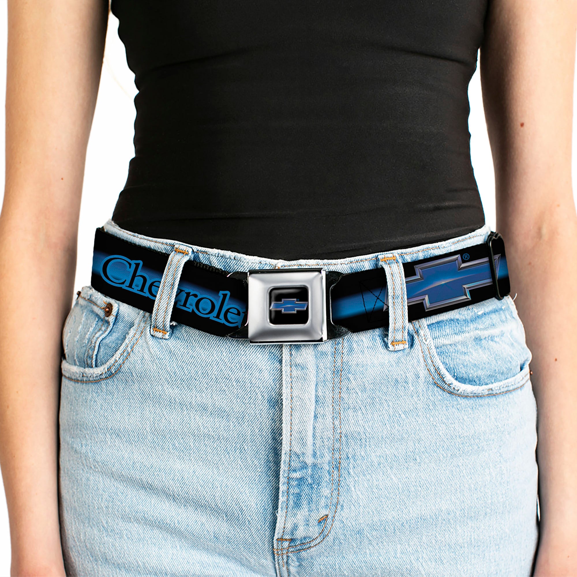 Chevrolet Horizon Bowtie Full Color Black Silver Blue Seatbelt Belt - CHEVROLET/Horizon Bowtie Ombre Black/Blue/Silver/Blue Webbing Seatbelt Belts GM General Motors