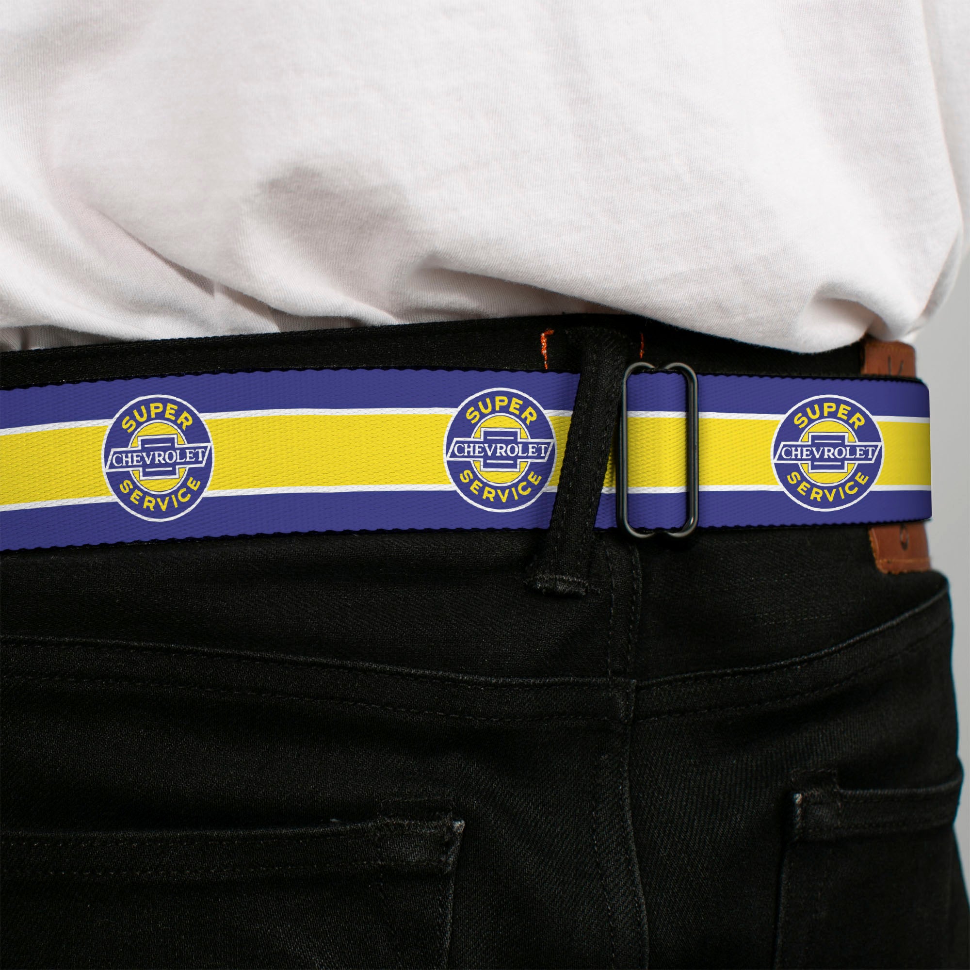 CHEVROLET SUPER SERVICE Logo Black Blue Yellow White Seatbelt Belt - CHEVROLET SUPER SERVICE Logo/Stripe Blue/White/Yellow Webbing Seatbelt Belts GM General Motors