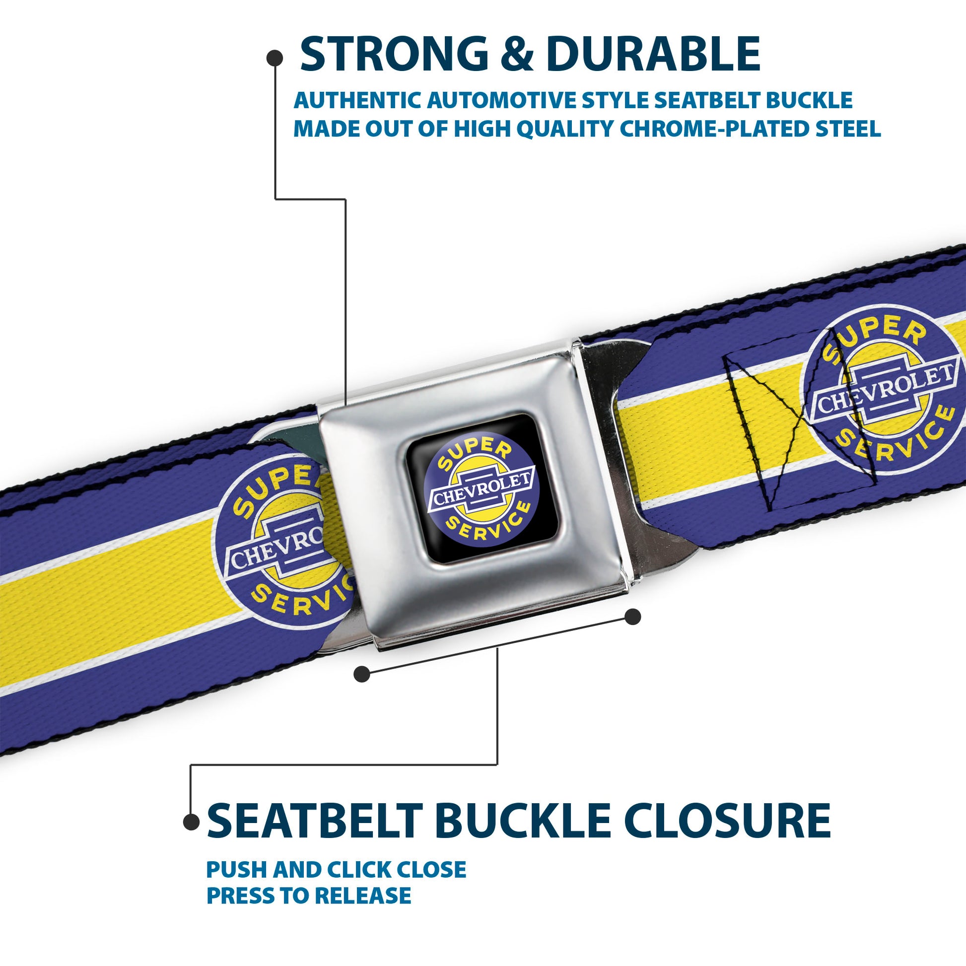 CHEVROLET SUPER SERVICE Logo Black Blue Yellow White Seatbelt Belt - CHEVROLET SUPER SERVICE Logo/Stripe Blue/White/Yellow Webbing Seatbelt Belts GM General Motors