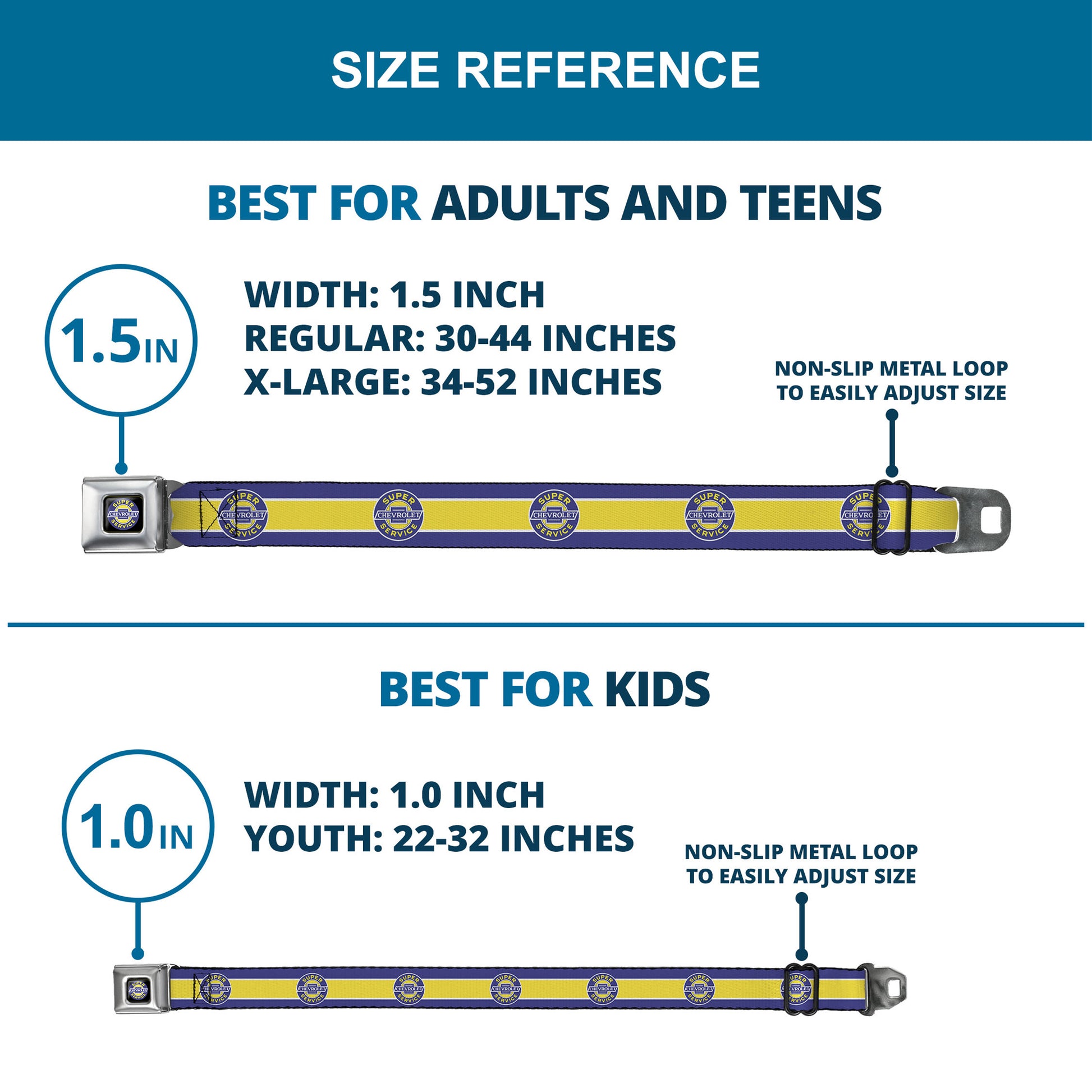 CHEVROLET SUPER SERVICE Logo Black Blue Yellow White Seatbelt Belt - CHEVROLET SUPER SERVICE Logo/Stripe Blue/White/Yellow Webbing Seatbelt Belts GM General Motors