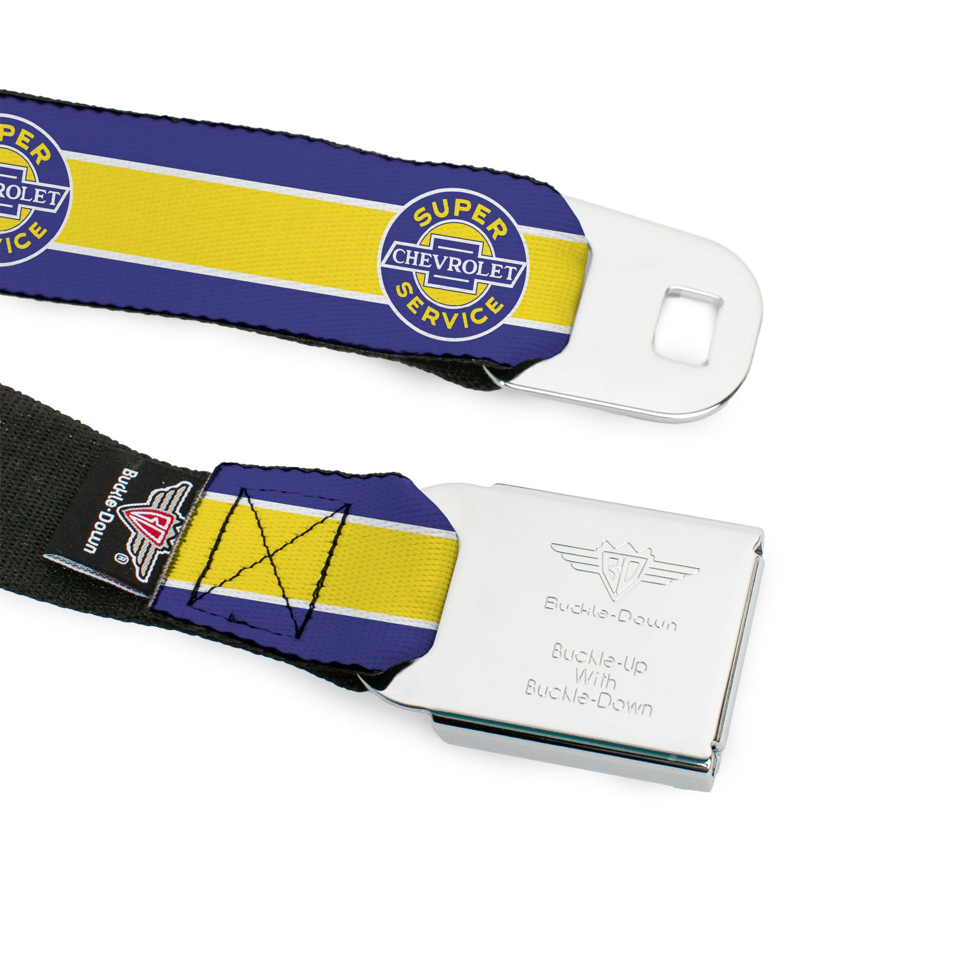 CHEVROLET SUPER SERVICE Logo Black Blue Yellow White Seatbelt Belt - CHEVROLET SUPER SERVICE Logo/Stripe Blue/White/Yellow Webbing Seatbelt Belts GM General Motors