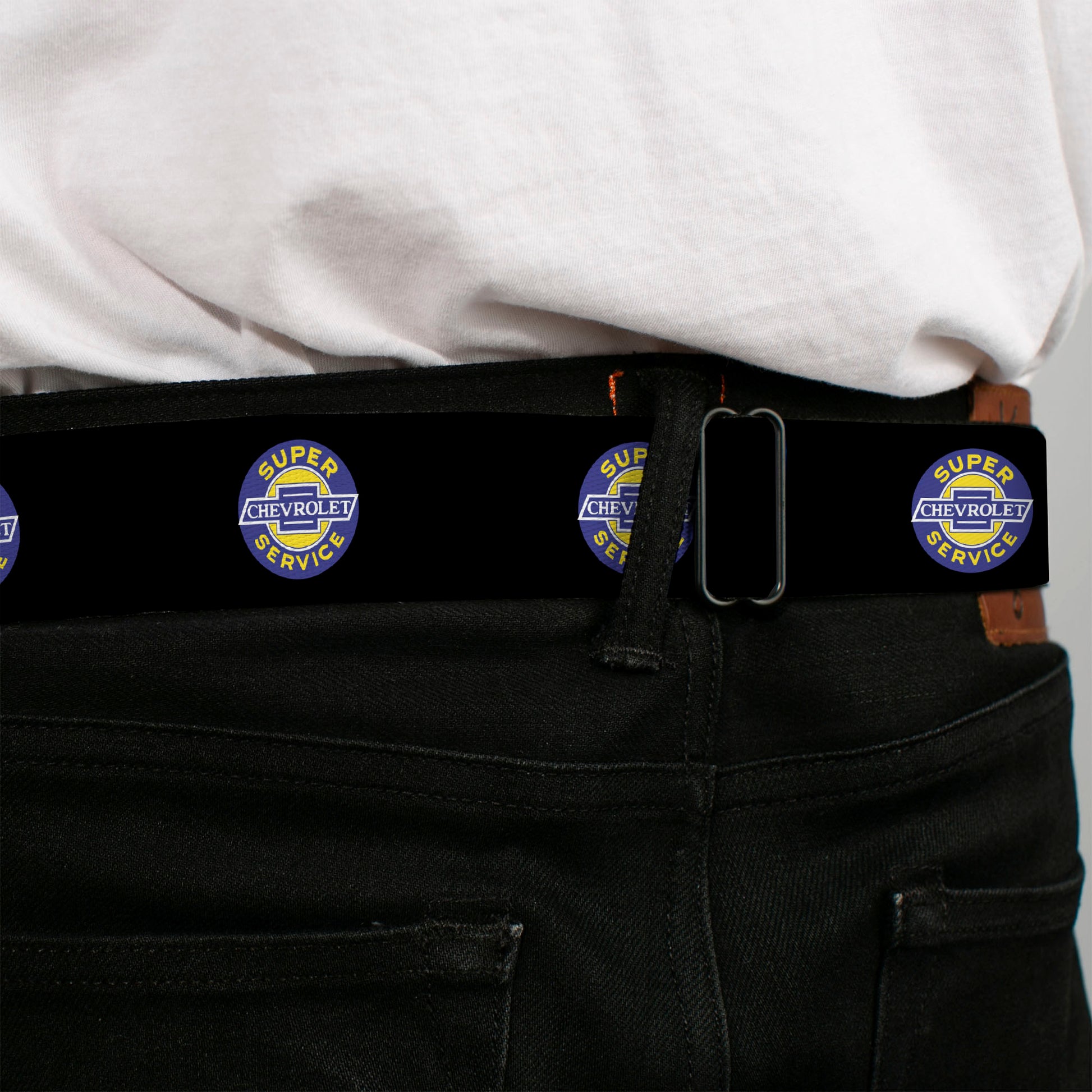 CHEVROLET SUPER SERVICE Logo Black Blue Yellow White Seatbelt Belt - CHEVROLET SUPER SERVICE Logo Black/Blue/Yellow/White Webbing Seatbelt Belts GM General Motors