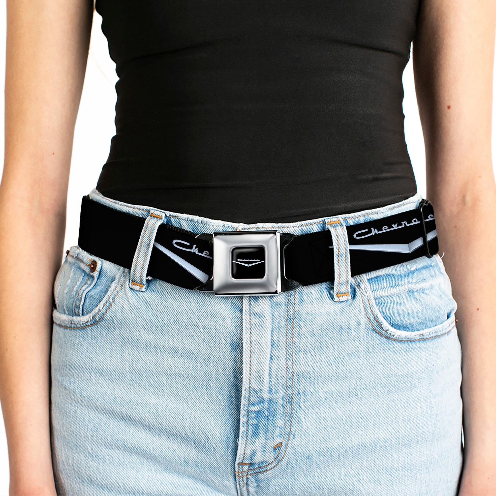 1955-57 CHEVROLET V Emblem Full Color Black Silver Seatbelt Belt - 1955-57 CHEVROLET V Emblem Black/Silver Webbing Seatbelt Belts GM General Motors