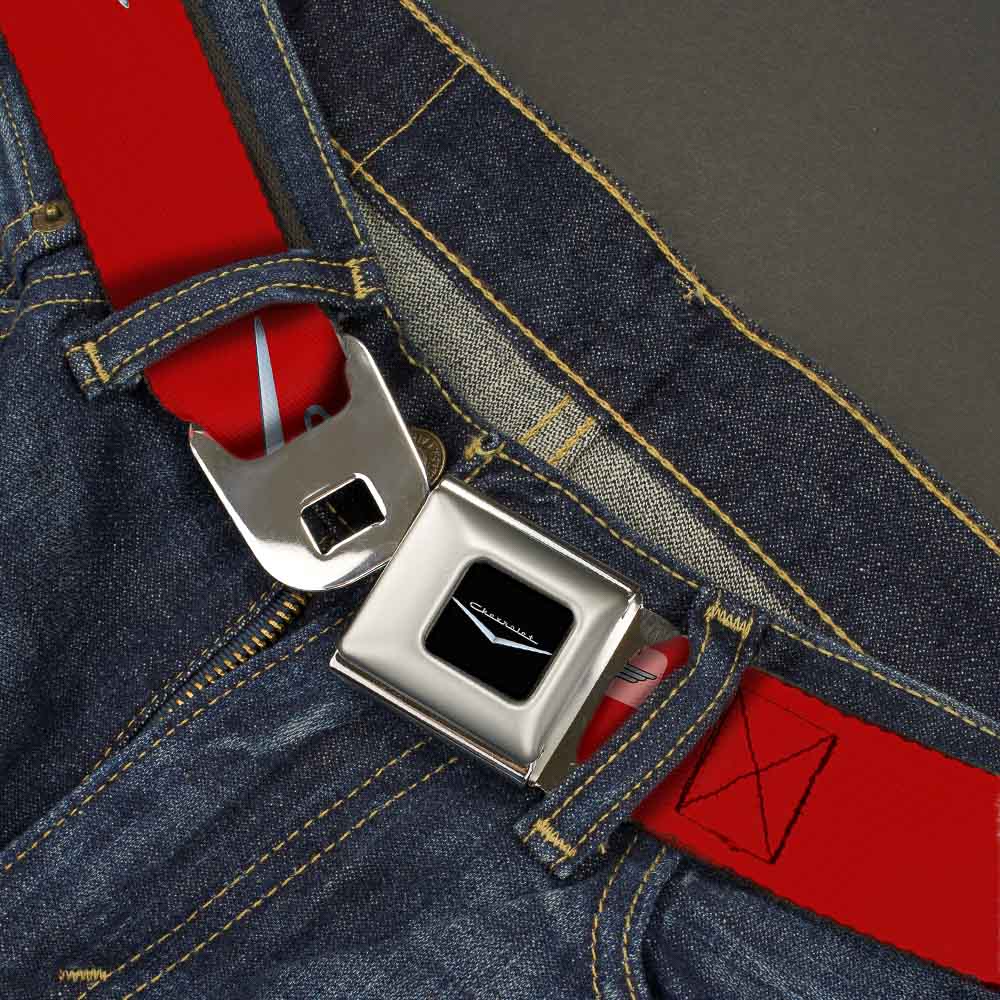 1955-57 CHEVROLET V Emblem Full Color Black Silver Seatbelt Belt - 1955-57 CHEVROLET V Emblem Red/Silver Webbing Seatbelt Belts GM General Motors