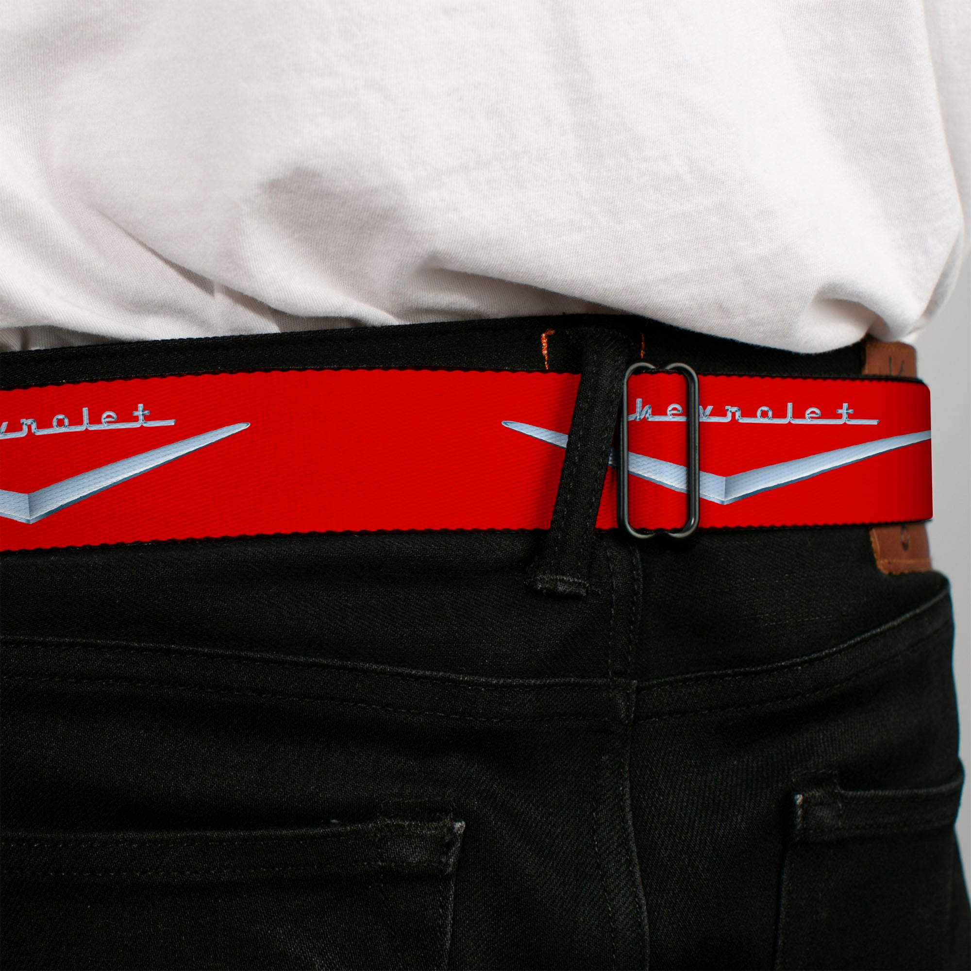 1955-57 CHEVROLET V Emblem Full Color Black Silver Seatbelt Belt - 1955-57 CHEVROLET V Emblem Red/Silver Webbing Seatbelt Belts GM General Motors