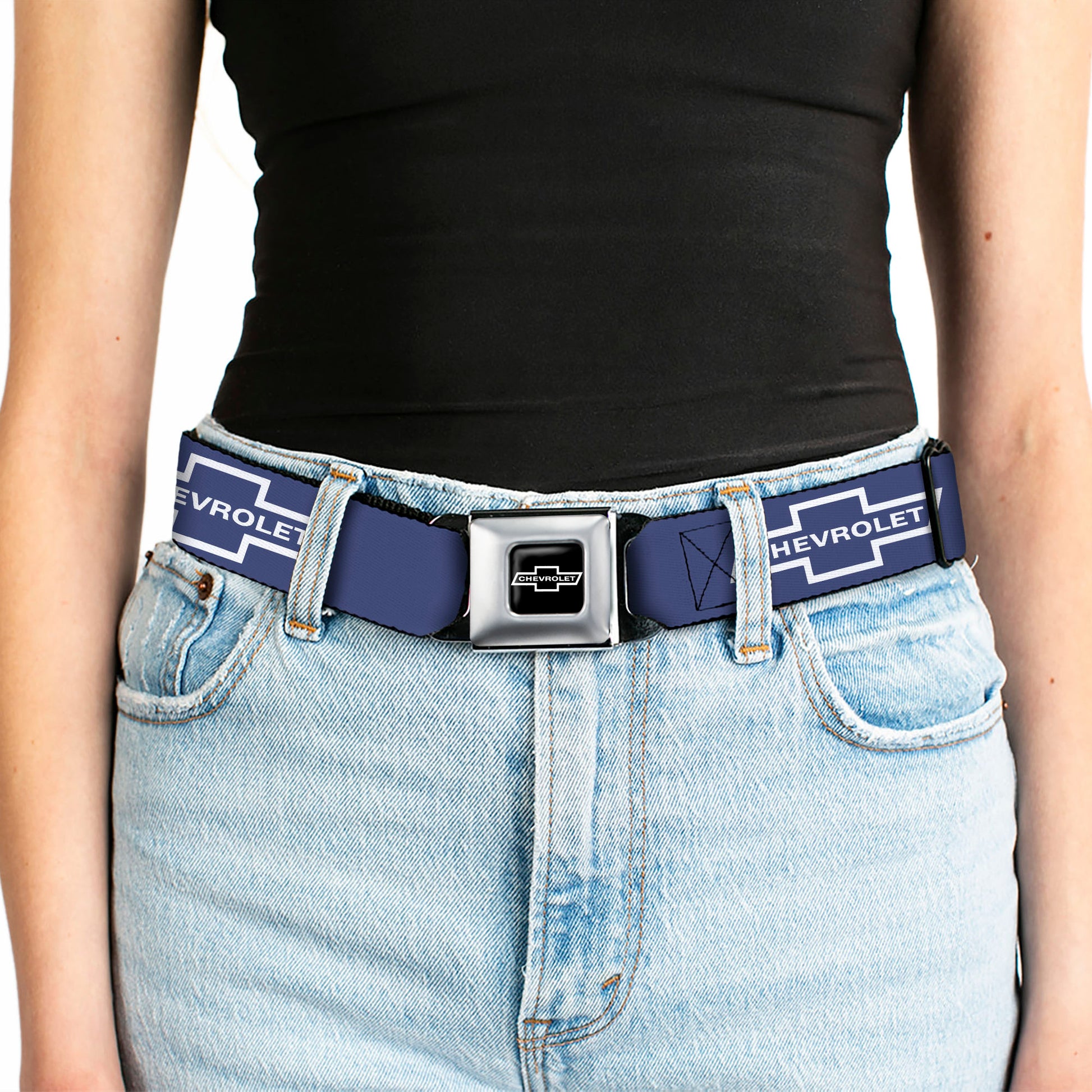 1965 CHEVROLET Bowtie Full Color Black White Seatbelt Belt - 1965 CHEVROLET Bowtie Blue/White Webbing Seatbelt Belts GM General Motors