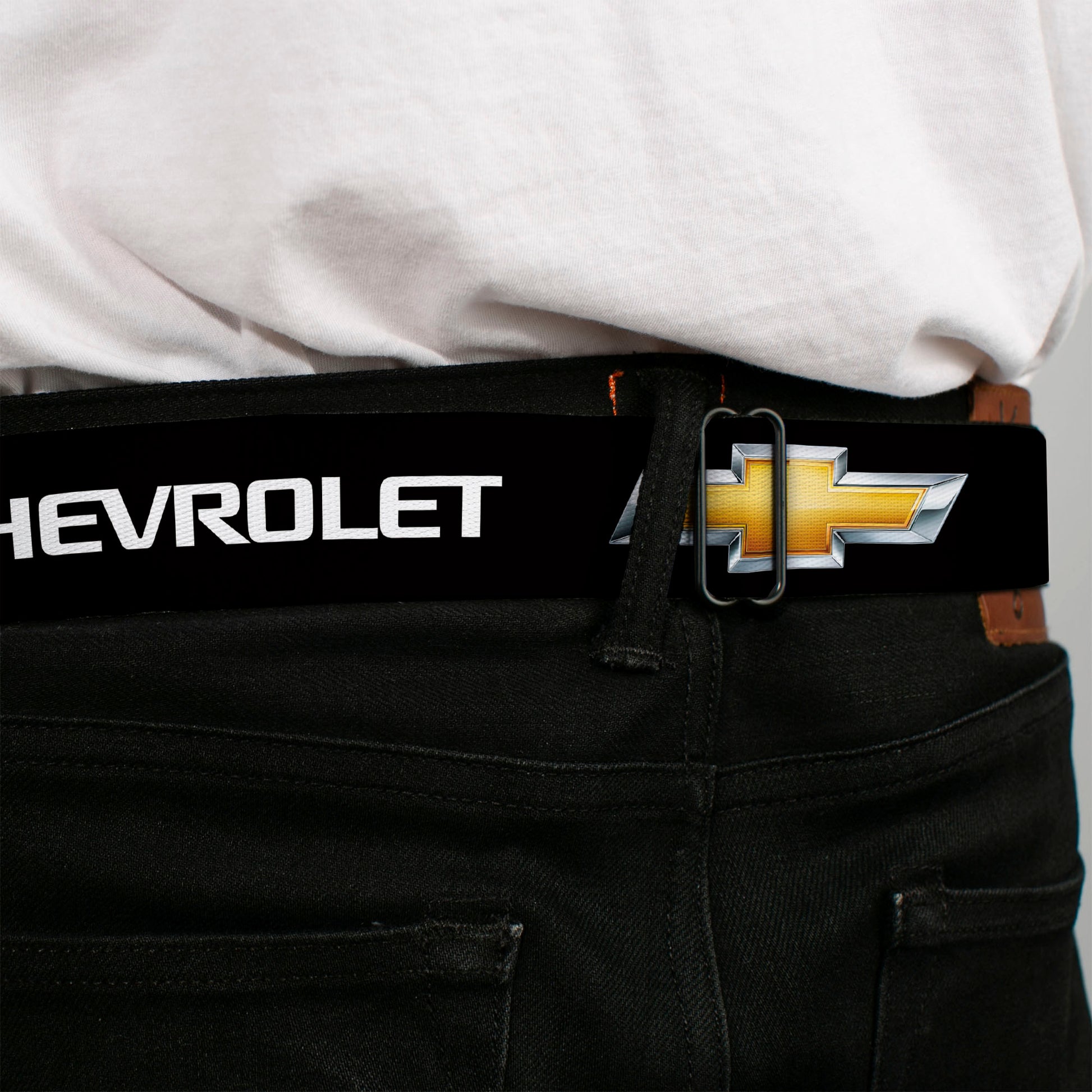 Chevy Bowtie Full Color Black Gold Seatbelt Belt - Chevy Bowtie Black/Gold Logo REPEAT Webbing Seatbelt Belts GM General Motors