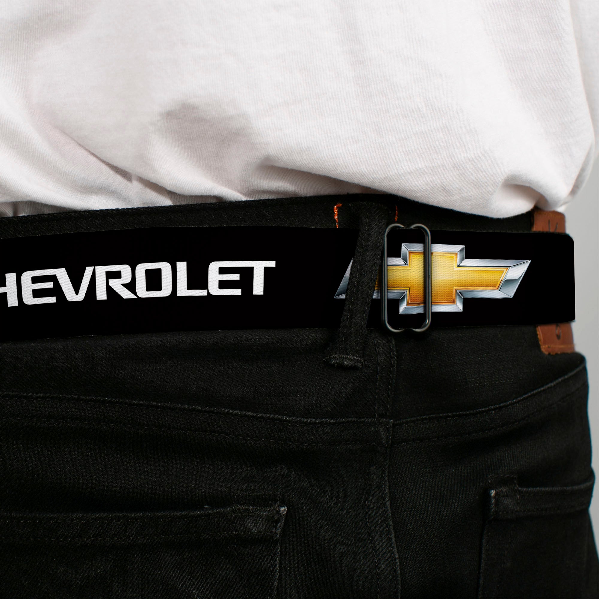Chevy Bowtie Full Color Black Gold Seatbelt Belt - Chevy Bowtie Black/Gold Logo REPEAT Webbing Seatbelt Belts GM General Motors