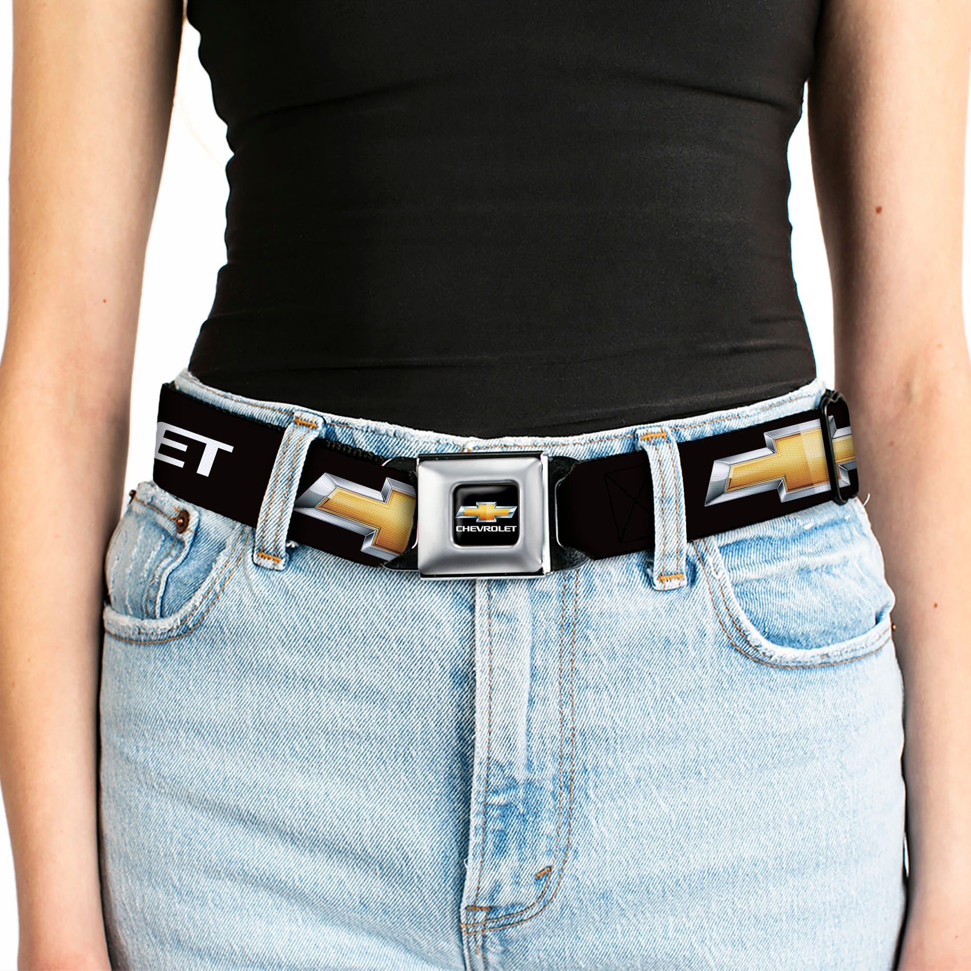 Chevy Bowtie Full Color Black Gold Seatbelt Belt - Chevy Bowtie Black/Gold Logo REPEAT Webbing Seatbelt Belts GM General Motors