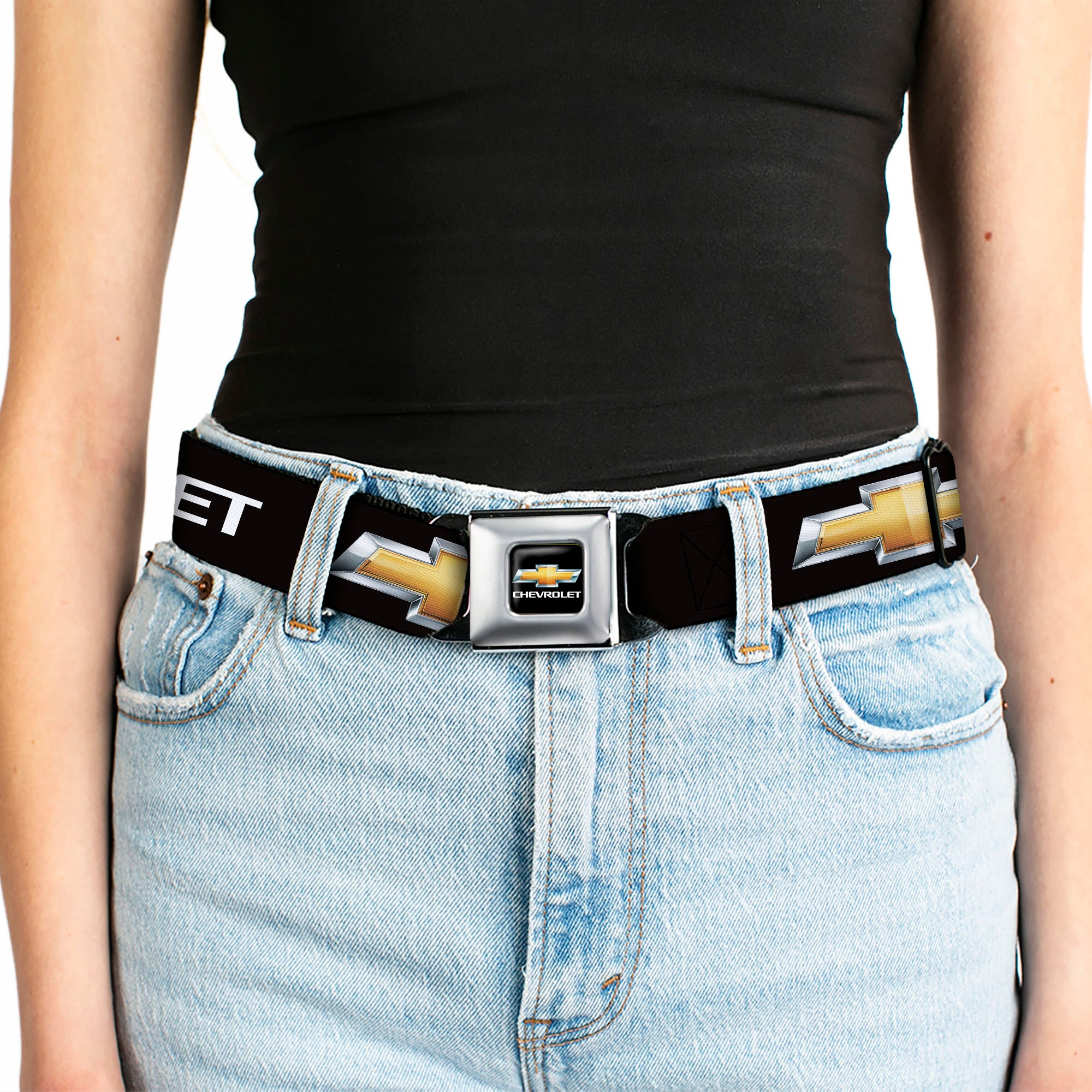 Chevy Bowtie Full Color Black Gold Seatbelt Belt - Chevy Bowtie Black/Gold Logo REPEAT Webbing Seatbelt Belts GM General Motors