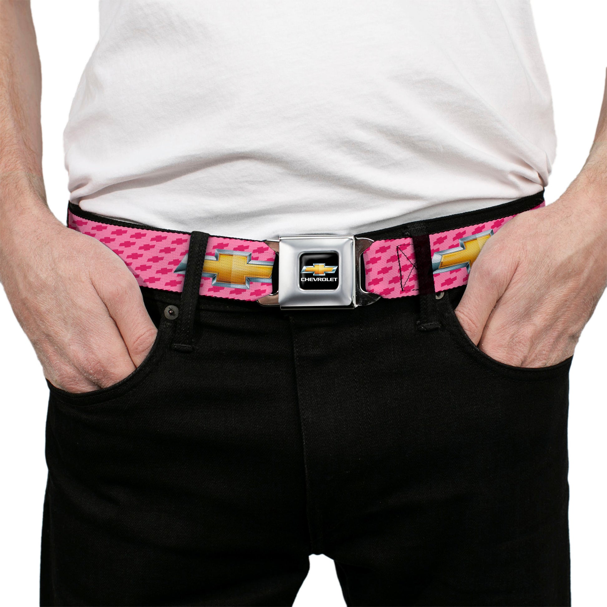 Chevy Bowtie Full Color Black Gold Seatbelt Belt - Chevy Gold Bowtie w/Logo PINK Webbing Seatbelt Belts GM General Motors