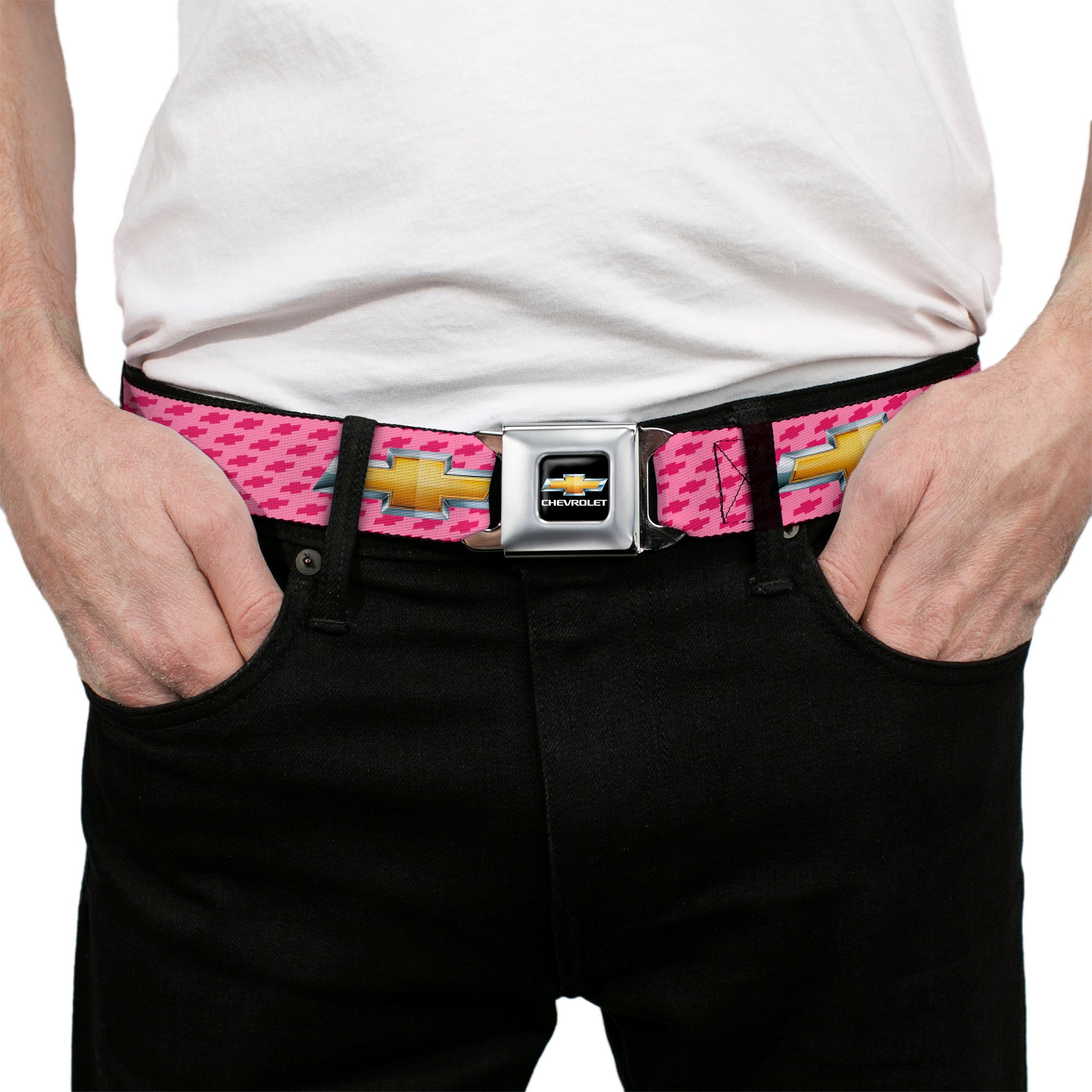 Chevy Bowtie Full Color Black Gold Seatbelt Belt - Chevy Gold Bowtie w/Logo PINK Webbing Seatbelt Belts GM General Motors