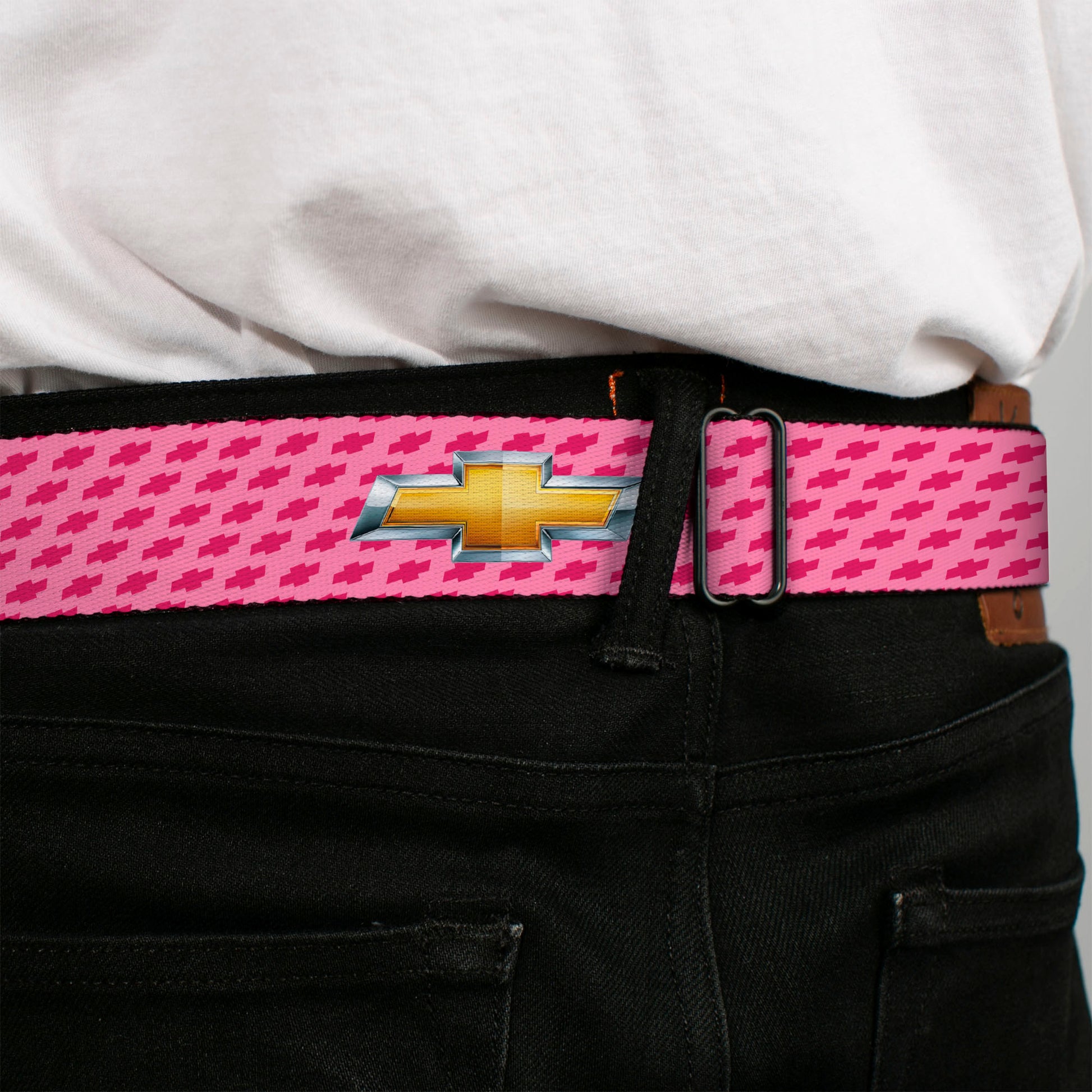 Chevy Bowtie Full Color Black Gold Seatbelt Belt - Chevy Gold Bowtie w/Logo PINK Webbing Seatbelt Belts GM General Motors