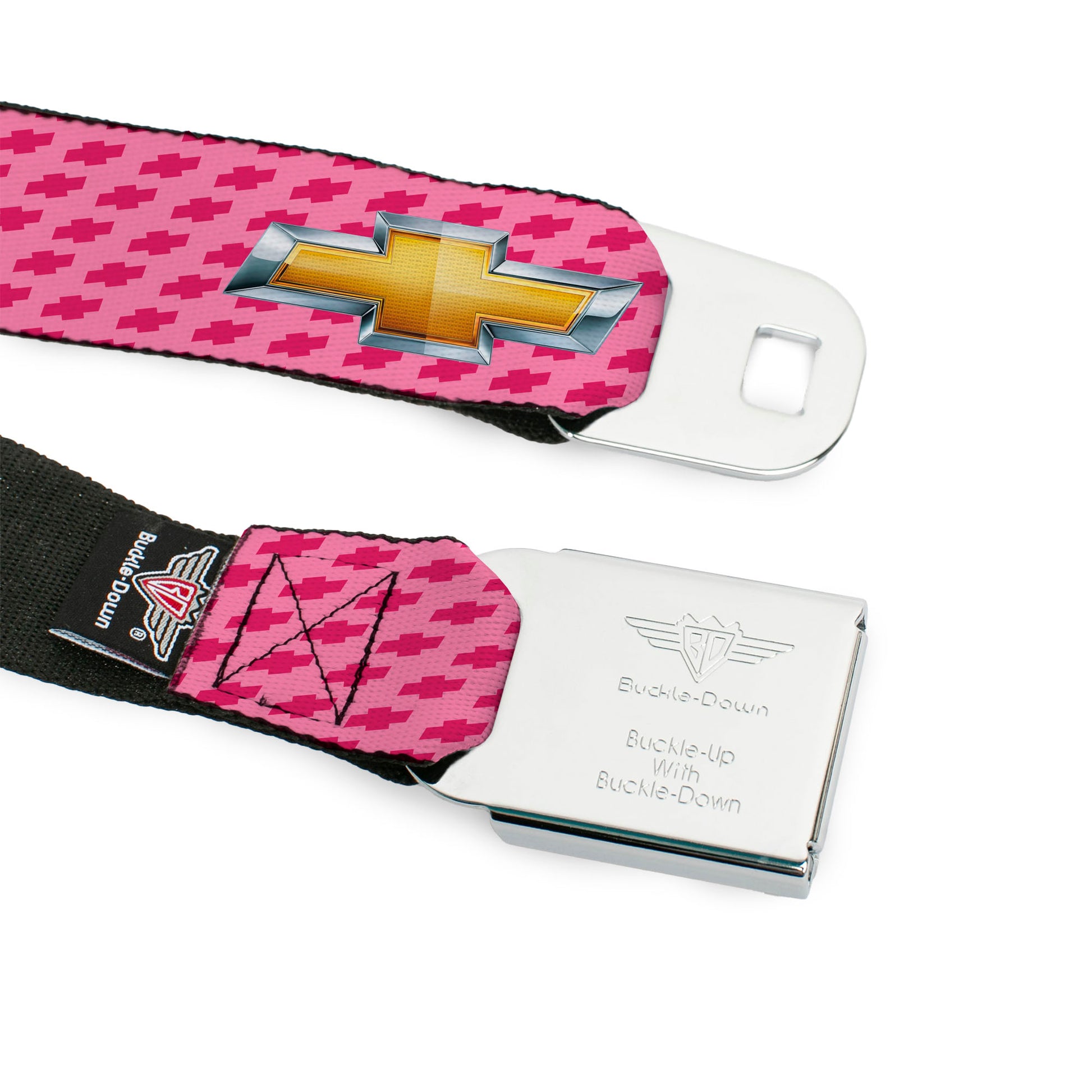 Chevy Bowtie Full Color Black Gold Seatbelt Belt - Chevy Gold Bowtie w/Logo PINK Webbing Seatbelt Belts GM General Motors