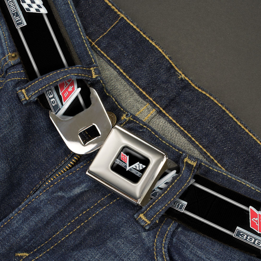 1967 Impala 396 TURBO-JET V Emblem Full Color Black Silver Red White Seatbelt Belt - 1967 Impala 396 TURBO-JET V Emblem/Stripe Black/Silver/Red/White Webbing Seatbelt Belts GM General Motors