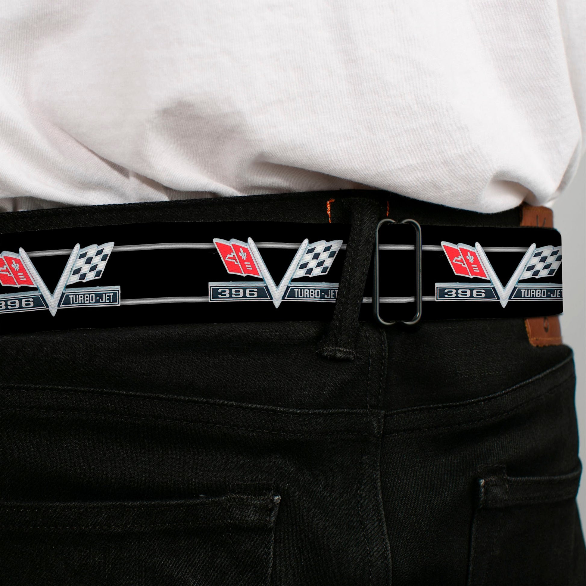 1967 Impala 396 TURBO-JET V Emblem Full Color Black Silver Red White Seatbelt Belt - 1967 Impala 396 TURBO-JET V Emblem/Stripe Black/Silver/Red/White Webbing Seatbelt Belts GM General Motors