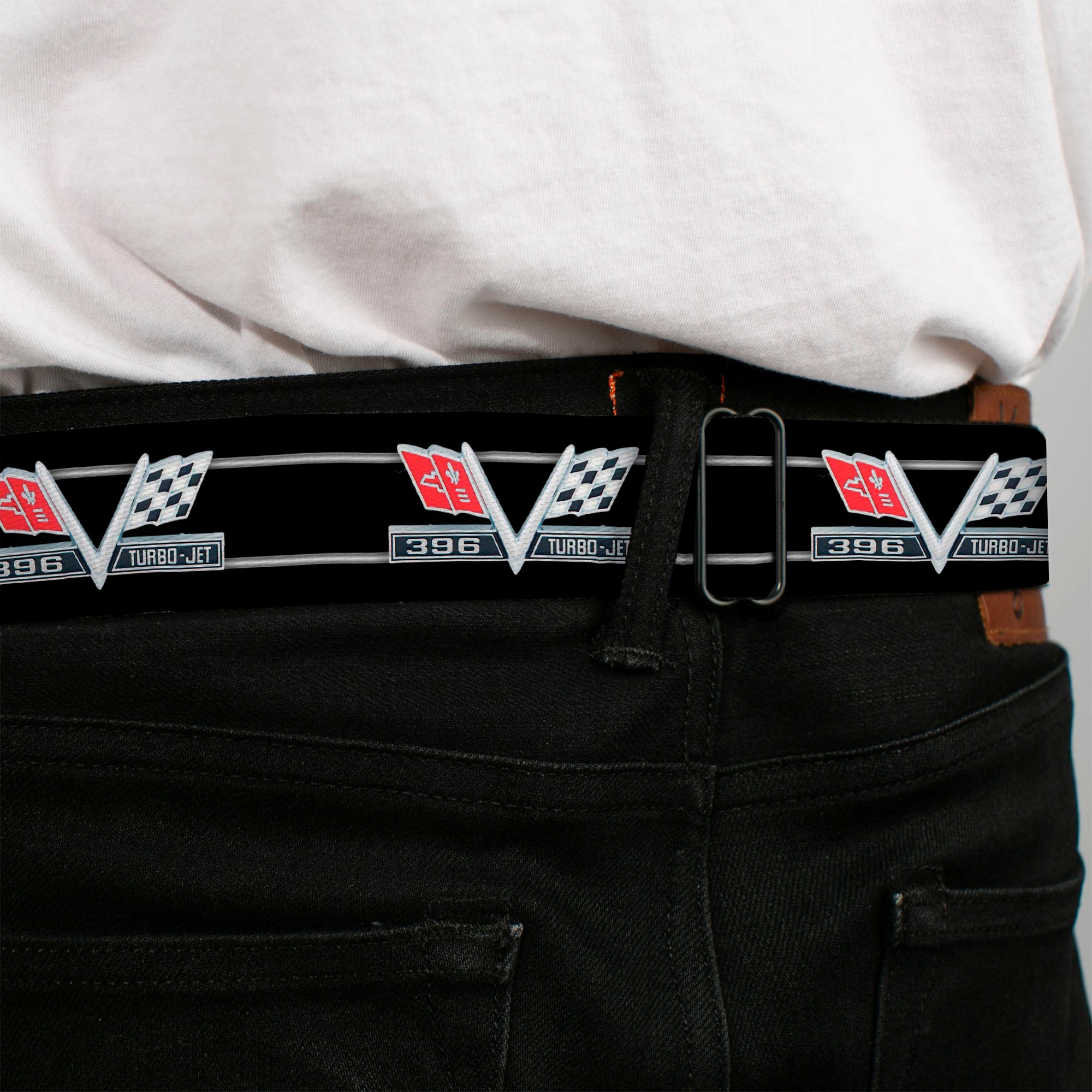 1967 Impala 396 TURBO-JET V Emblem Full Color Black Silver Red White Seatbelt Belt - 1967 Impala 396 TURBO-JET V Emblem/Stripe Black/Silver/Red/White Webbing Seatbelt Belts GM General Motors