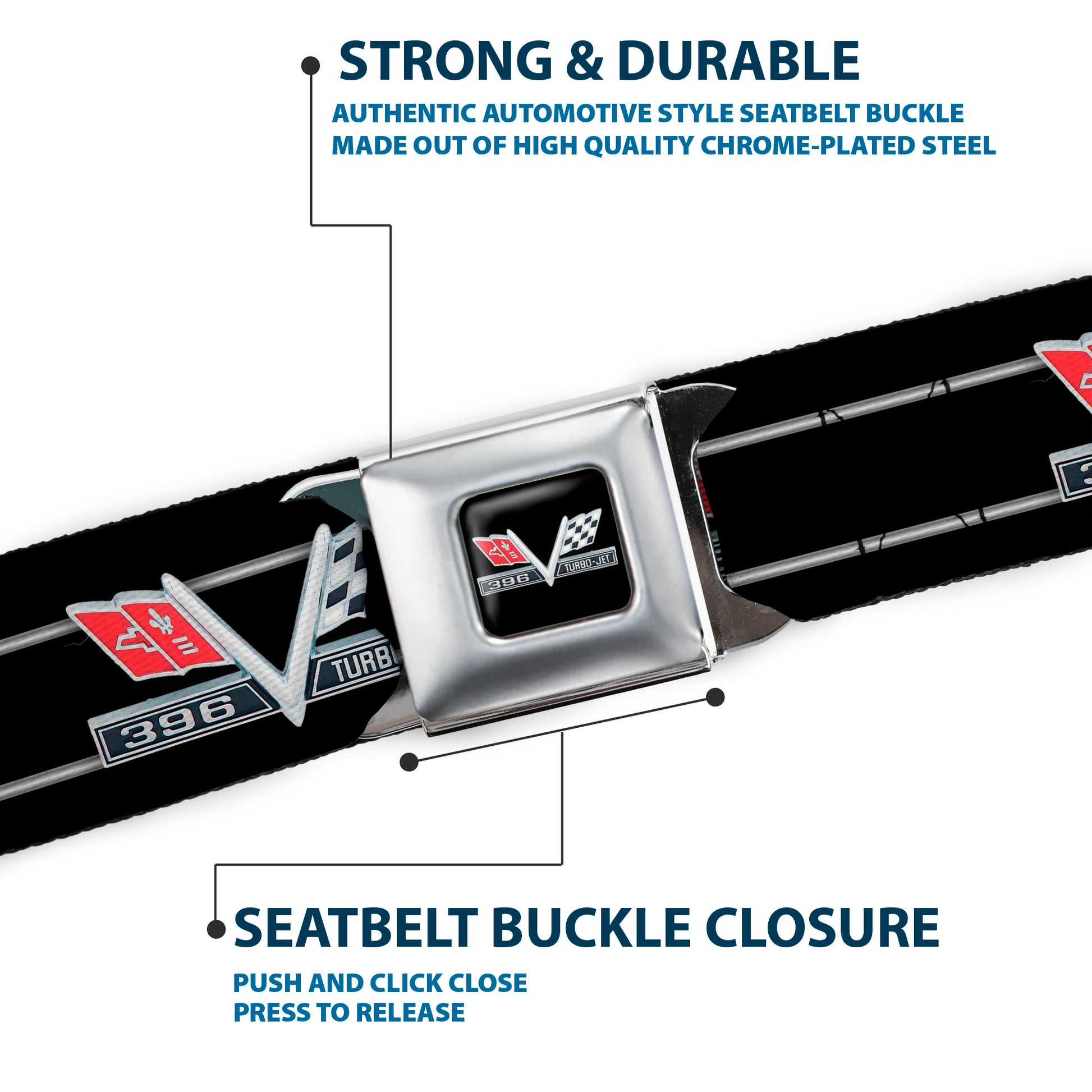 1967 Impala 396 TURBO-JET V Emblem Full Color Black Silver Red White Seatbelt Belt - 1967 Impala 396 TURBO-JET V Emblem/Stripe Black/Silver/Red/White Webbing Seatbelt Belts GM General Motors