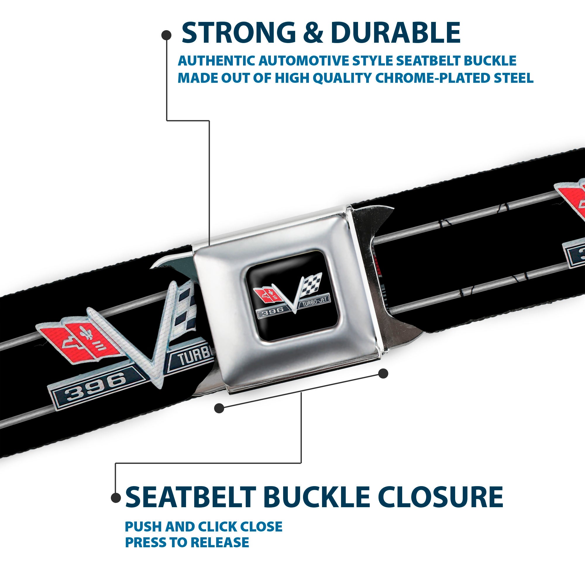 1967 Impala 396 TURBO-JET V Emblem Full Color Black Silver Red White Seatbelt Belt - 1967 Impala 396 TURBO-JET V Emblem/Stripe Black/Silver/Red/White Webbing Seatbelt Belts GM General Motors