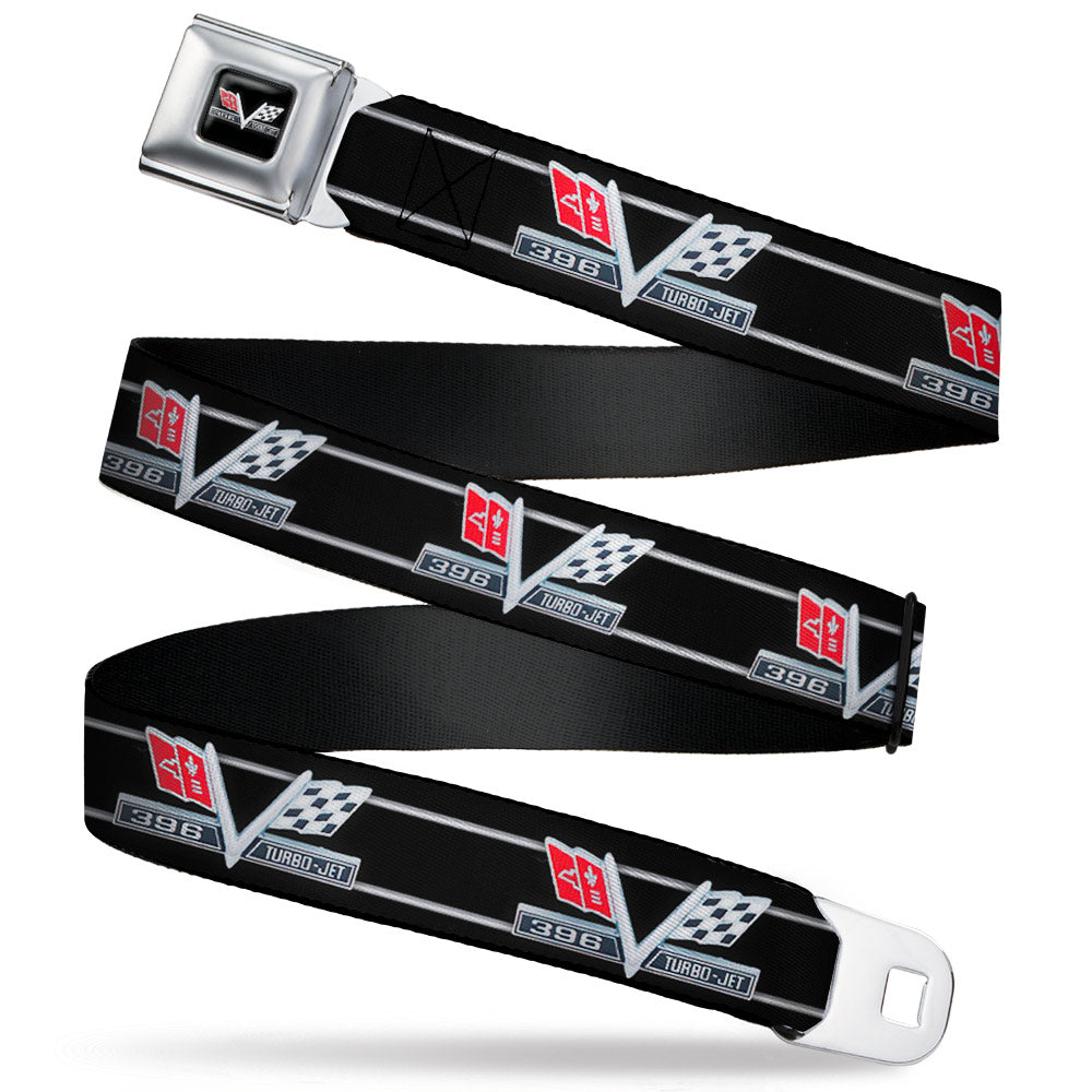 1967 Impala 396 TURBO-JET V Emblem Full Color Black Silver Red White Seatbelt Belt - 1967 Impala 396 TURBO-JET V Emblem/Stripe Black/Silver/Red/White Webbing Seatbelt Belts GM General Motors