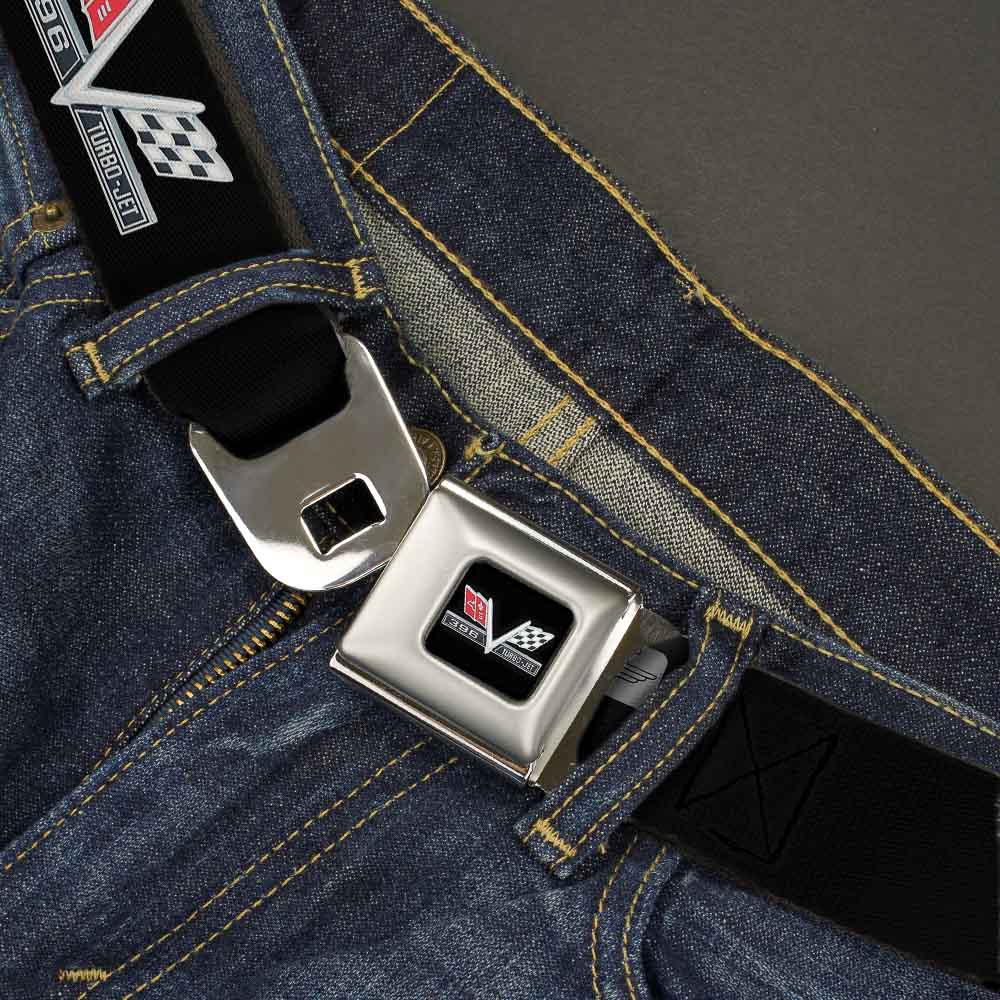 1967 Impala 396 TURBO-JET V Emblem Full Color Black Silver Red White Seatbelt Belt - 1967 Impala 396 TURBO-JET V Emblem Black/Silver/Red/White Webbing Seatbelt Belts GM General Motors