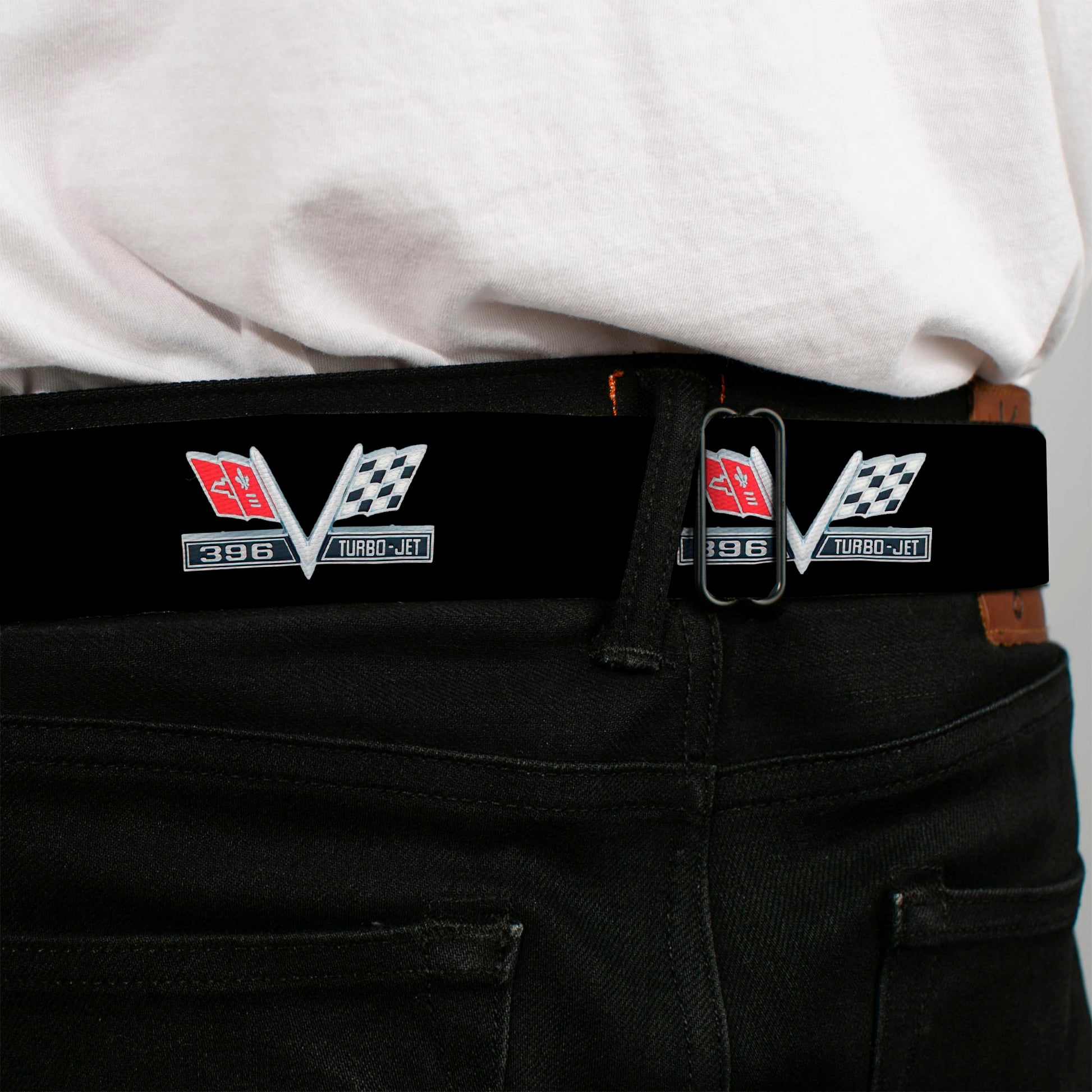 1967 Impala 396 TURBO-JET V Emblem Full Color Black Silver Red White Seatbelt Belt - 1967 Impala 396 TURBO-JET V Emblem Black/Silver/Red/White Webbing Seatbelt Belts GM General Motors