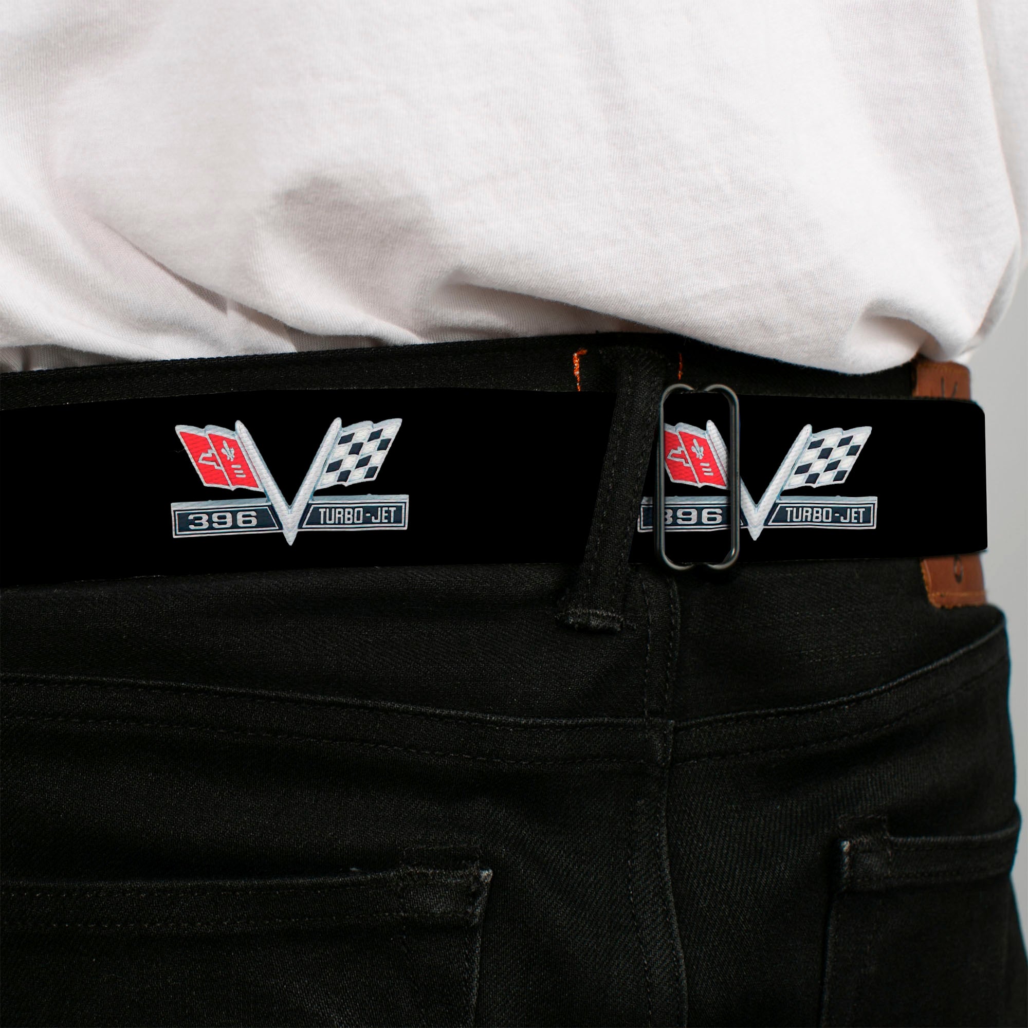 1967 Impala 396 TURBO-JET V Emblem Full Color Black Silver Red White Seatbelt Belt - 1967 Impala 396 TURBO-JET V Emblem Black/Silver/Red/White Webbing Seatbelt Belts GM General Motors