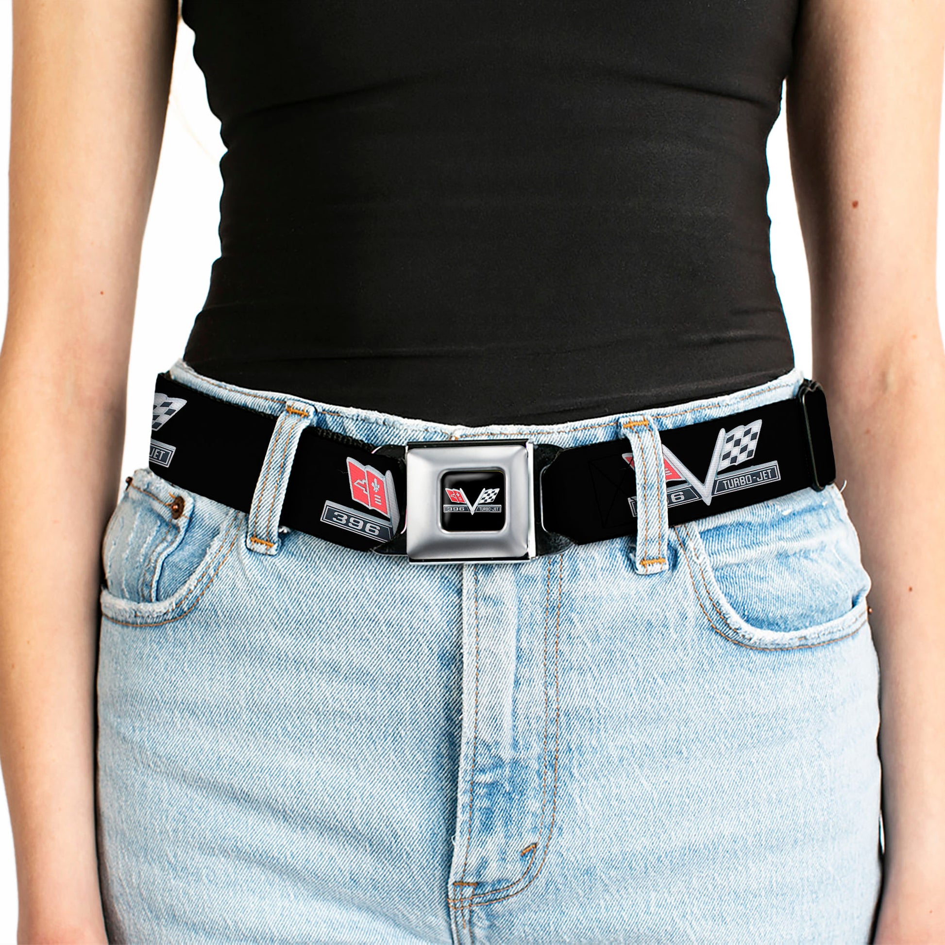 1967 Impala 396 TURBO-JET V Emblem Full Color Black Silver Red White Seatbelt Belt - 1967 Impala 396 TURBO-JET V Emblem Black/Silver/Red/White Webbing Seatbelt Belts GM General Motors