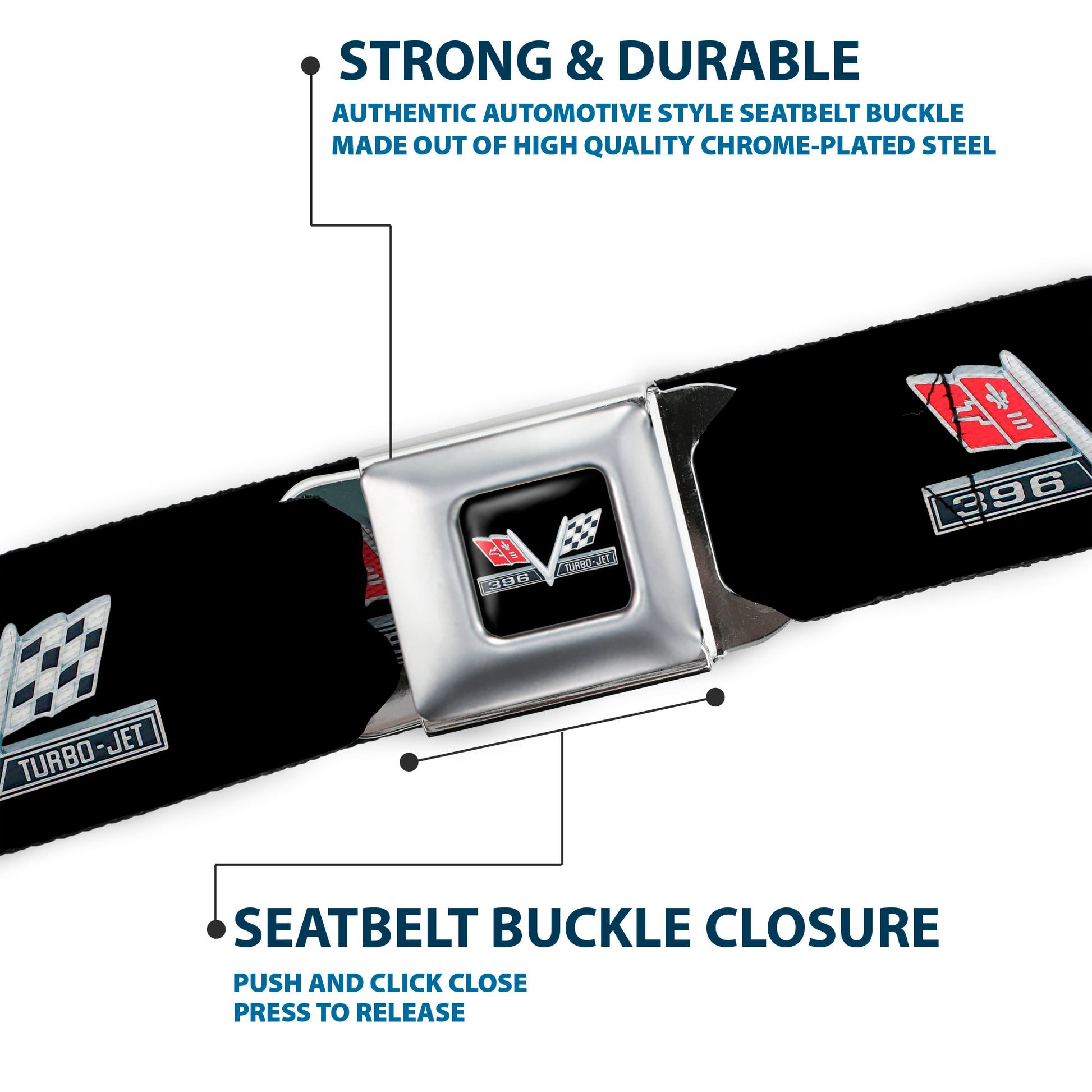 1967 Impala 396 TURBO-JET V Emblem Full Color Black Silver Red White Seatbelt Belt - 1967 Impala 396 TURBO-JET V Emblem Black/Silver/Red/White Webbing Seatbelt Belts GM General Motors