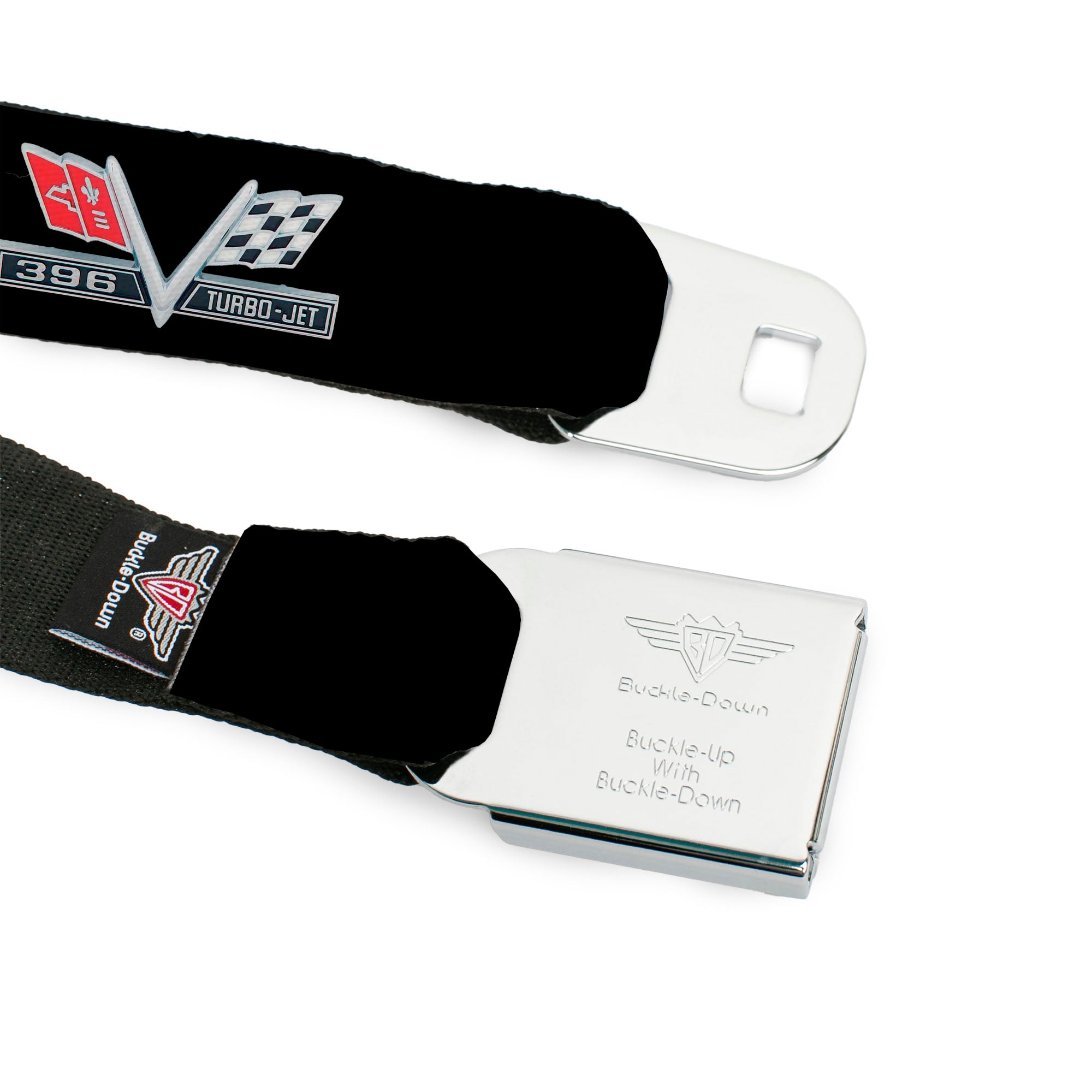1967 Impala 396 TURBO-JET V Emblem Full Color Black Silver Red White Seatbelt Belt - 1967 Impala 396 TURBO-JET V Emblem Black/Silver/Red/White Webbing Seatbelt Belts GM General Motors