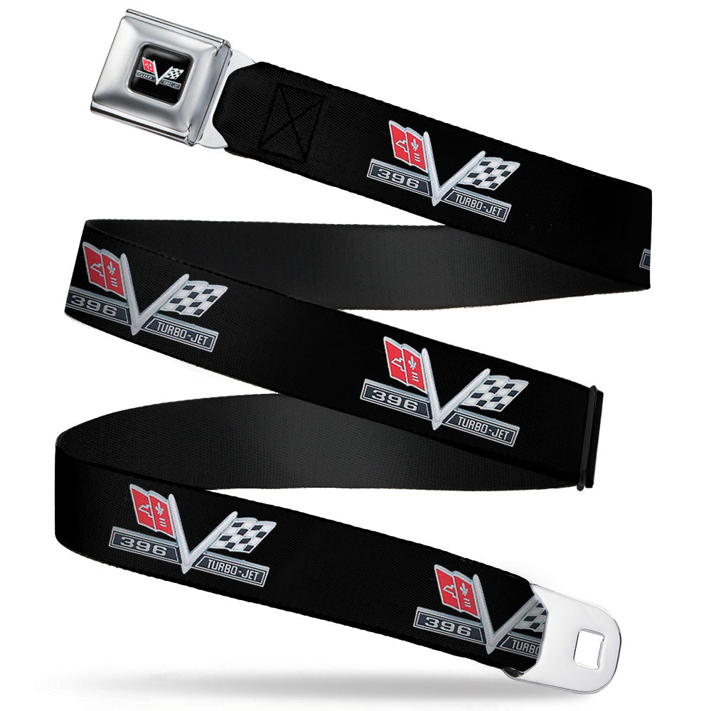 1967 Impala 396 TURBO-JET V Emblem Full Color Black Silver Red White Seatbelt Belt - 1967 Impala 396 TURBO-JET V Emblem Black/Silver/Red/White Webbing Seatbelt Belts GM General Motors