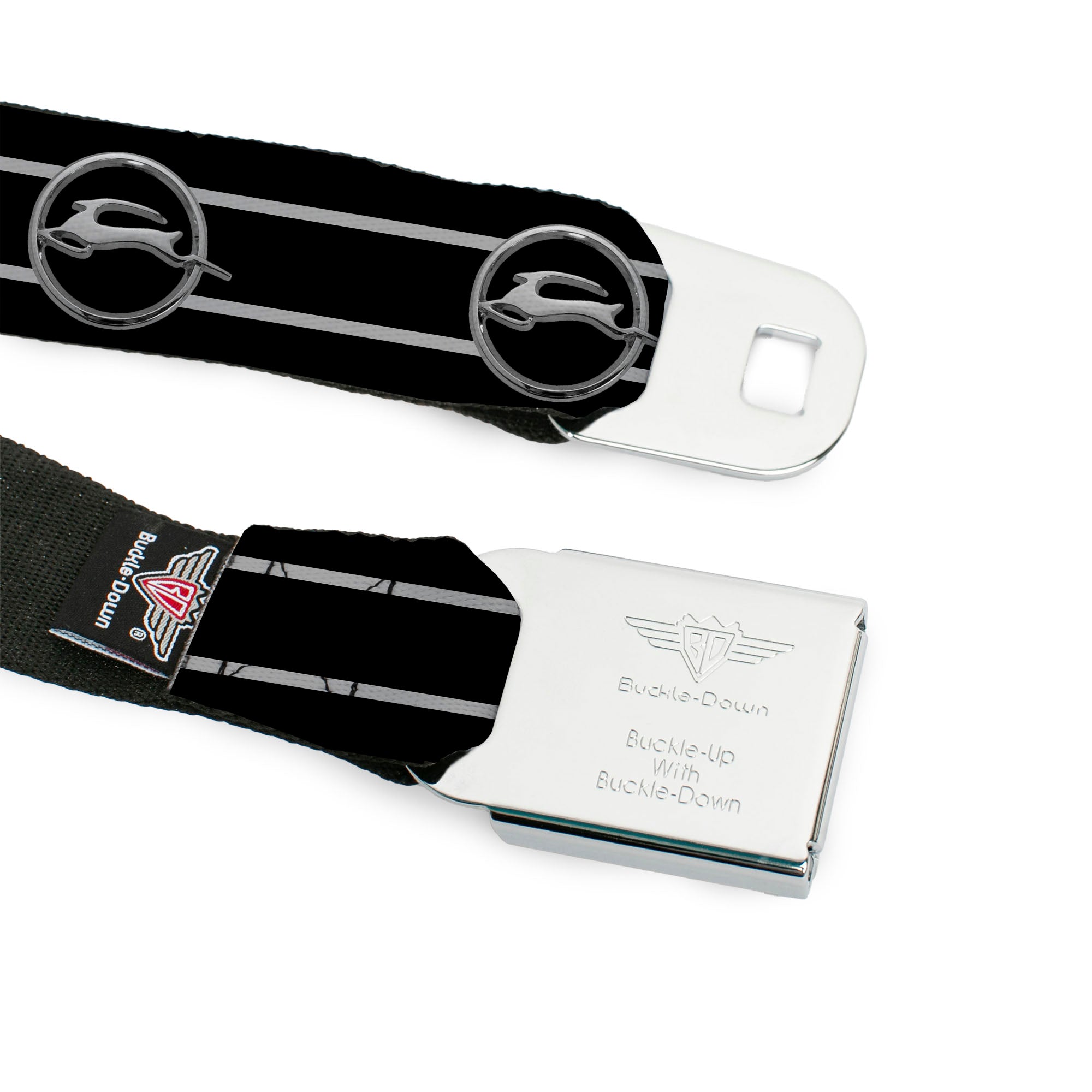1962 Chevrolet Impala Deer Emblem Full Color Black Silver Seatbelt Belt - 1962 Chevrolet Impala Deer Emblem/Stripe Black/Silver Webbing Seatbelt Belts GM General Motors