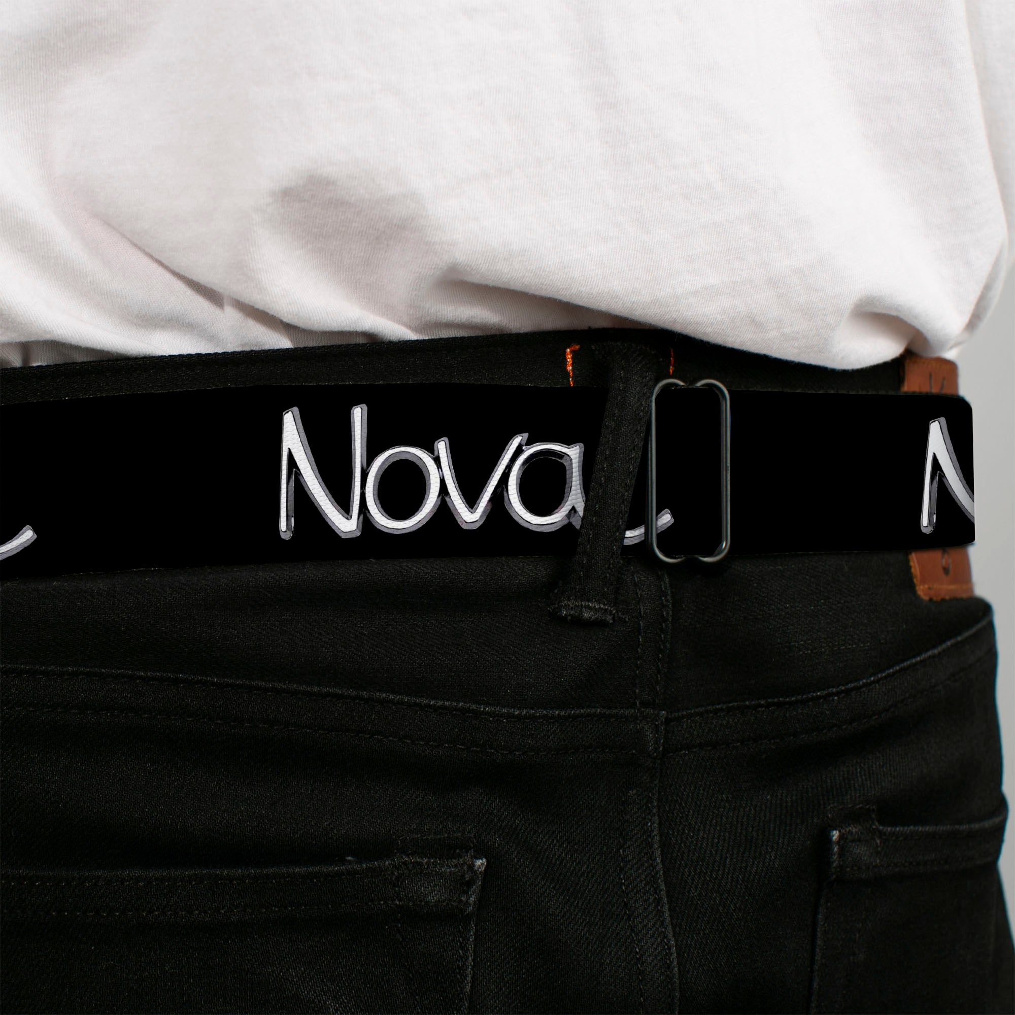 1968-72 NOVA Script Emblem Full Color Black Silver Seatbelt Belt - 1968-72 NOVA Script Emblem Black/Silver Webbing Seatbelt Belts GM General Motors
